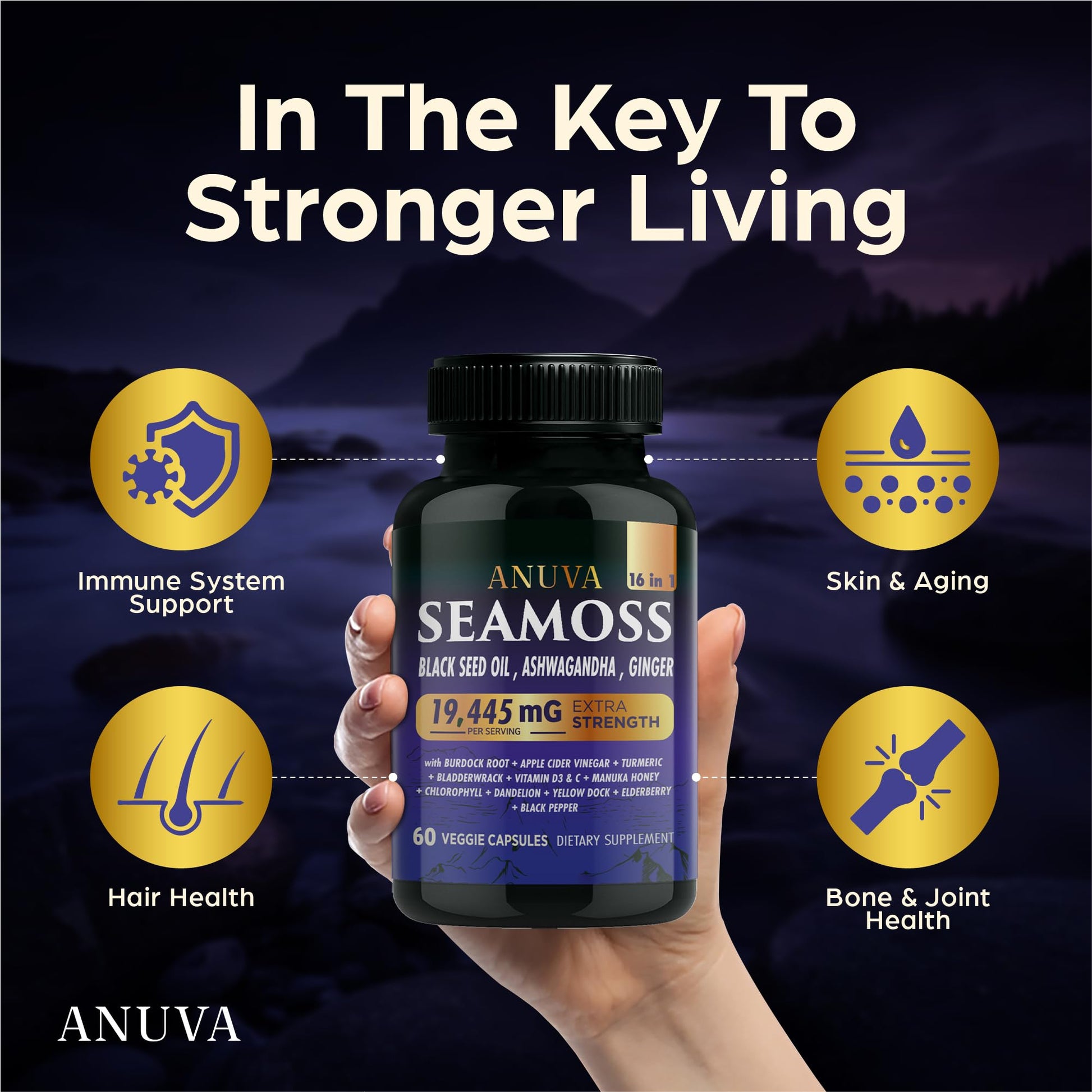 Anuva 16-in-1 Sea Moss Capsules | Black Seed Oil, Ashwagandha, with Vitamin C, D3, Turmeric, Burdock, Bladderwrack & Multi-Minerals | Immune, Skin, Joint & Energy Support | 60 Veggie Capsules AnuvaAu supplements