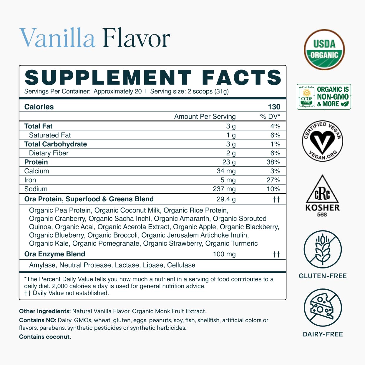 Ora Organic Plant-Based Protein Powder - 23g Protein for Women and Men - Vanilla Flavor 20 Servings, Vegan, Clean Protein Ora OrganicUS supplements