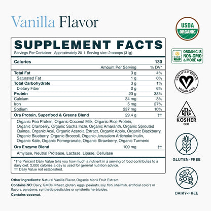Ora Organic Plant-Based Protein Powder - 23g Protein for Women and Men - Vanilla Flavor 20 Servings, Vegan, Clean Protein Ora OrganicUS supplements