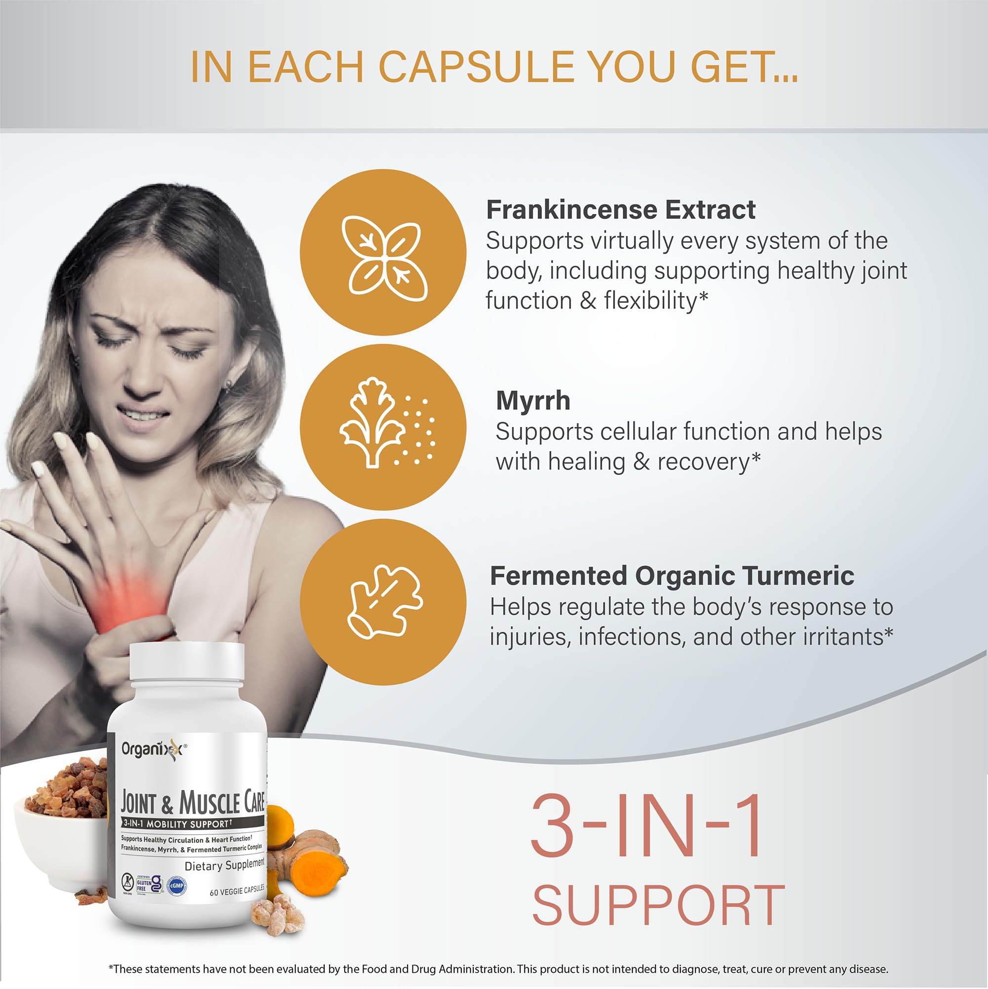 Organixx Joint & Muscle Care Organic Turmeric Supplement, 3-in-1 Frankincense, Turmeric and Myrrh Joint Health & Joint Support Supplement Body Care Capsules, Supports Swelling, Tension, 60 Capsules OrganixxAu supplements