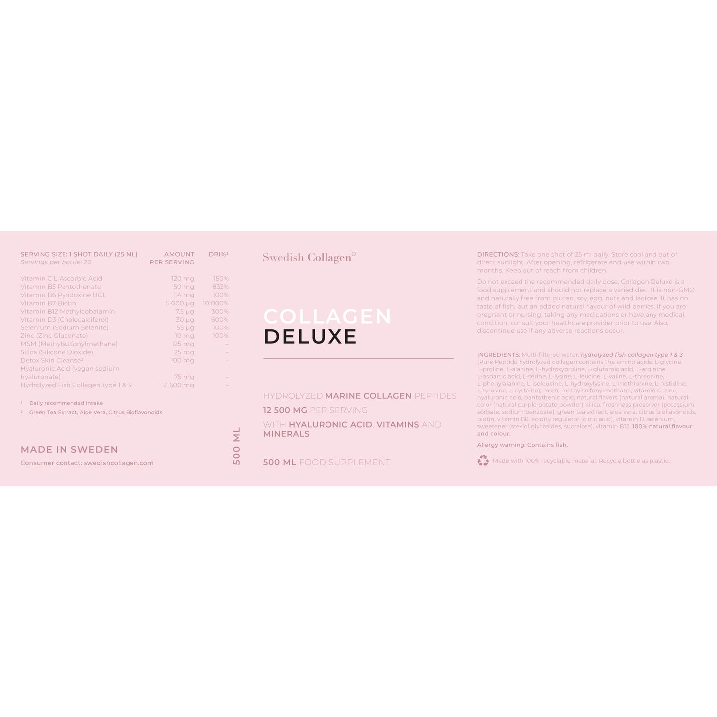 Swedish Collagen - 12500mg Collagen Deluxe 500ml I Hydrolyzed Marine Collagen Peptides (Type I & III) Swedish CollagenUS supplements