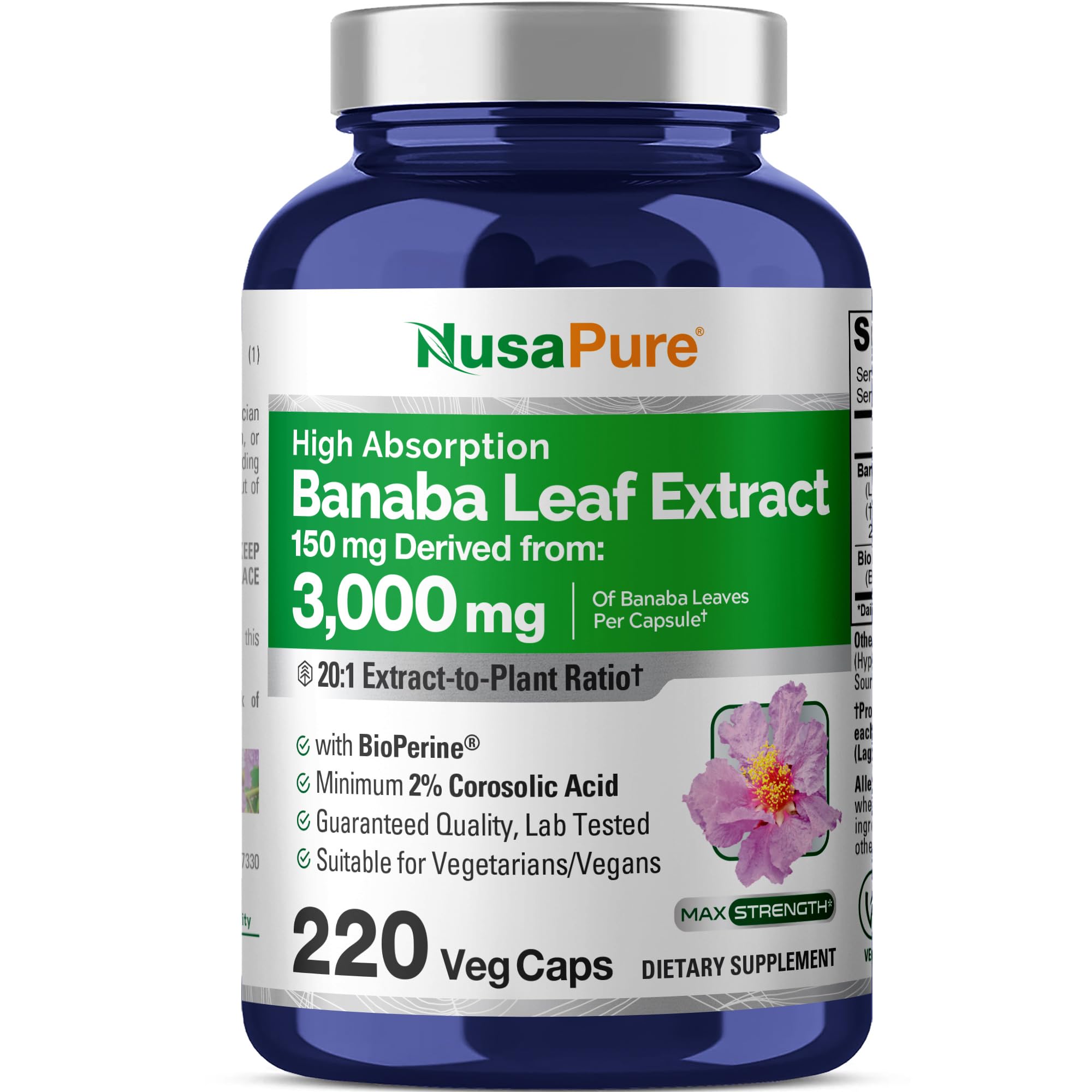 NusaPure Banaba Leaf 20:1 Extract, 150 mg Equivalent to 3,000mg Veg Caps, 220 Days Supply (Non-GMO & Vegan) 2% Corosolic Acid NusaPureAu supplements