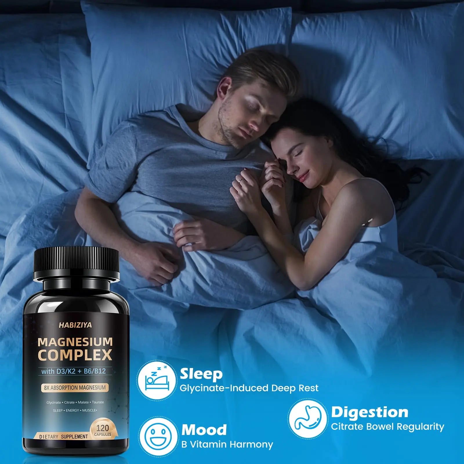 Magnesium Complex Supplement 600mg with with D3 K2 MK7 & B Vitamins High Absorption Capsules with Glycinate, Citrate & Malate,Taurate Relaxation,Muscle,Heart Support, Vegan 120 Capsules HABIZIYAnz supplements