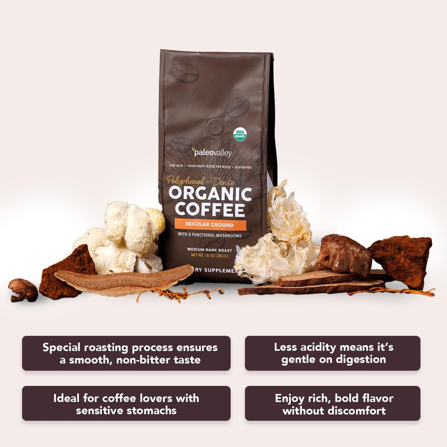 Paleovalley Organic Ground Coffee, 10oz - Regular, Low Acid, Single-Origin, Polyphenol-Rich, Infused with Mushrooms PaleovalleyUS supplements