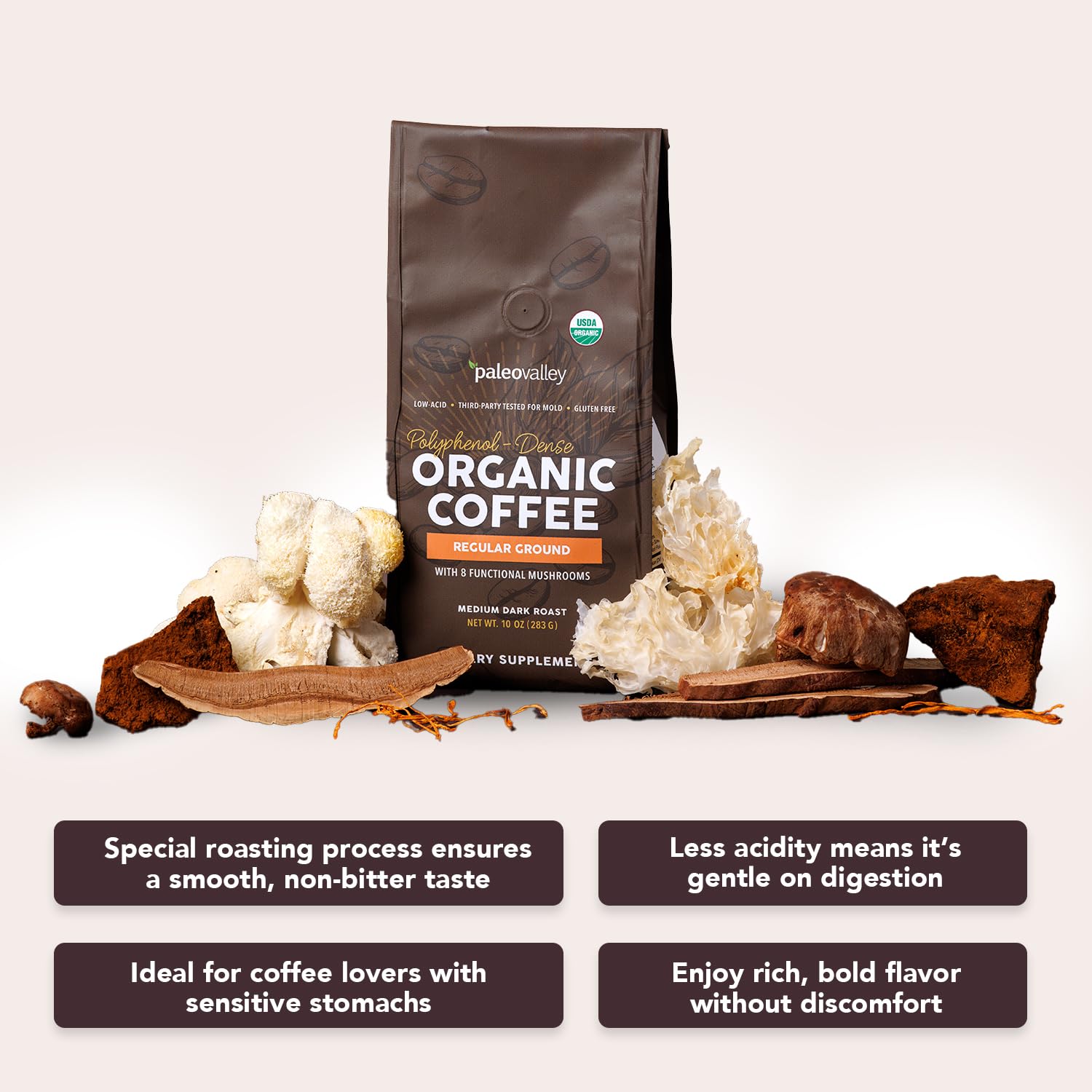 Paleovalley Organic Ground Coffee, 10oz - Regular, Low Acid, Single-Origin, Polyphenol-Rich, Infused with Mushrooms PaleovalleyUS supplements