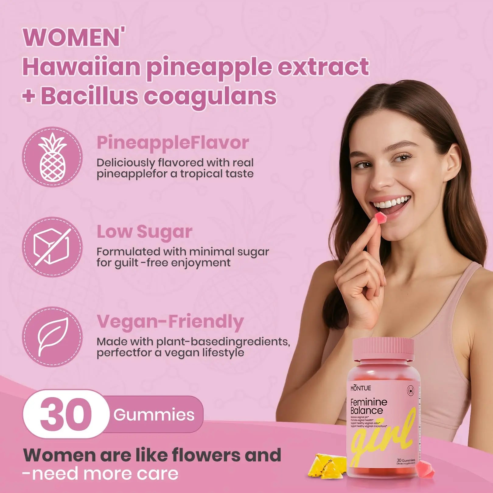 Montue Premium Diamond Feminine Balance Gummies-pH Balance with Prebiotics & Lactobacillus Probiotic Blend&Hawaiian Pineapple Immune Support,Vegan& Non-GMO（30 Gummies） MontueAu supplements