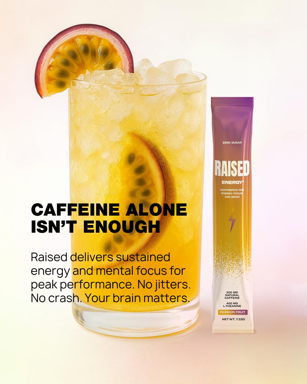 Raised Energy+ Nootropic Drink Mix | 200mg Natural Caffeine + L-Theanine | Zero Sugar | Clean Energy Powder for Focus, Mood & Motivation | 15 Stick Packs | Passion Fruit Flavor RaisedAu supplements