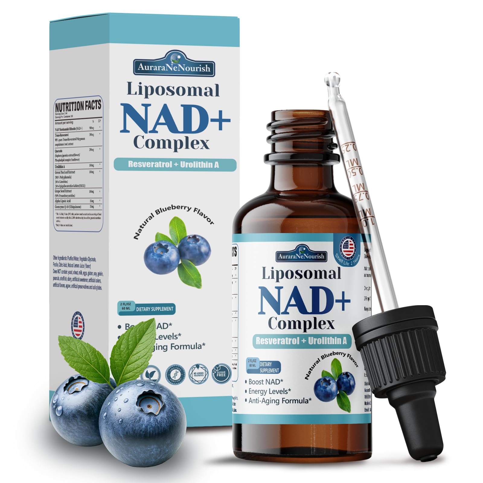 Liposomal NAD+ Liquid Drops, 8-in-1 NAD⁺ Nicotinamide Riboside Resveratrol 900mg w. Quercetin & Urolithin A | Fast Absorption NAD+ Supplement with CoQ10, ALA | Cellular Energy, Anti-Aging, Vitality AuraraNeNourishAu supplements