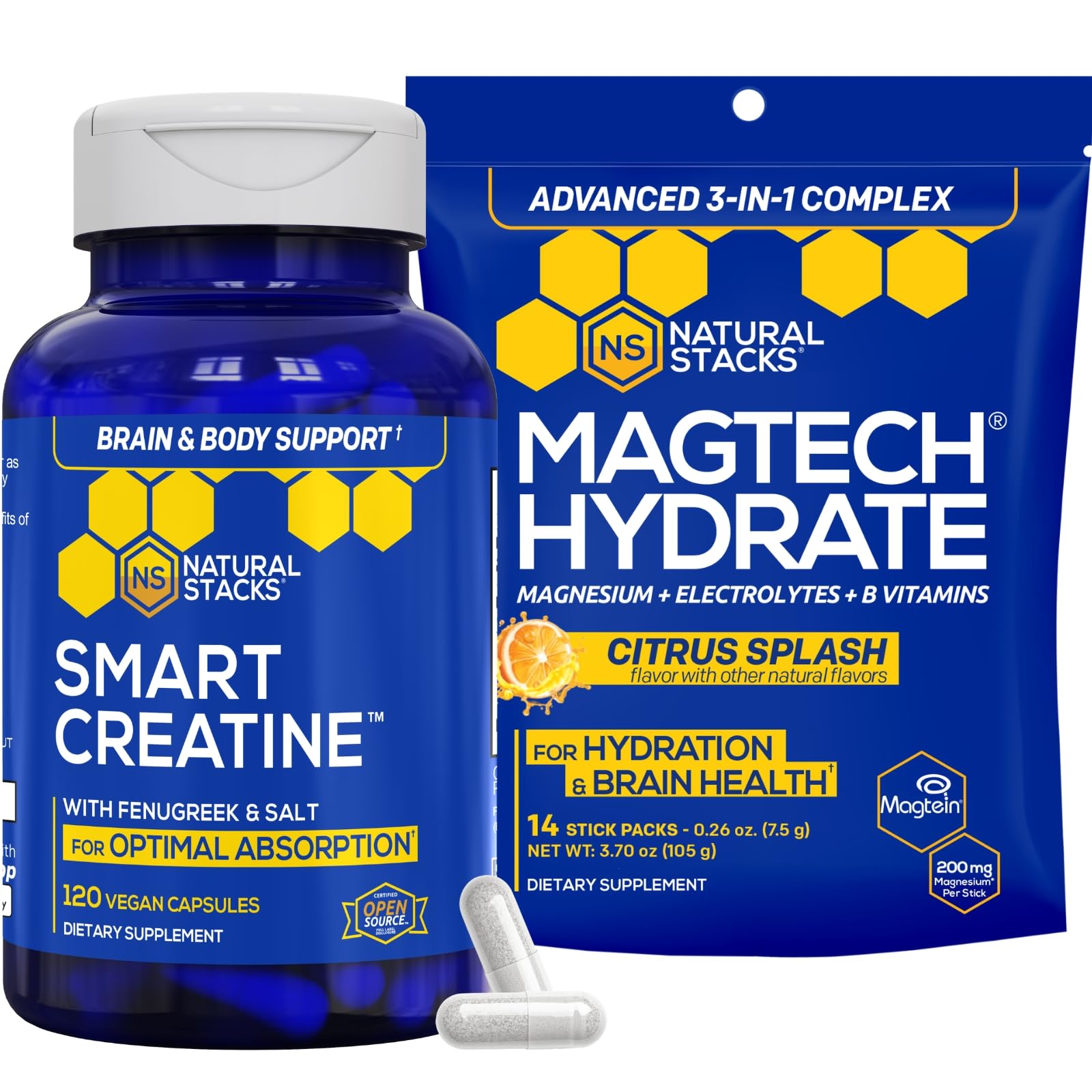 NATURAL STACKS Creatine Monohydrate & Magtech Hydrate Bundle - 2500mg Creatine + 200mg Elemental Magnesium Per Serving - Supports Hydration, Brain Health & Endurance - 44 Total Servings NATURAL STACKSAu supplements