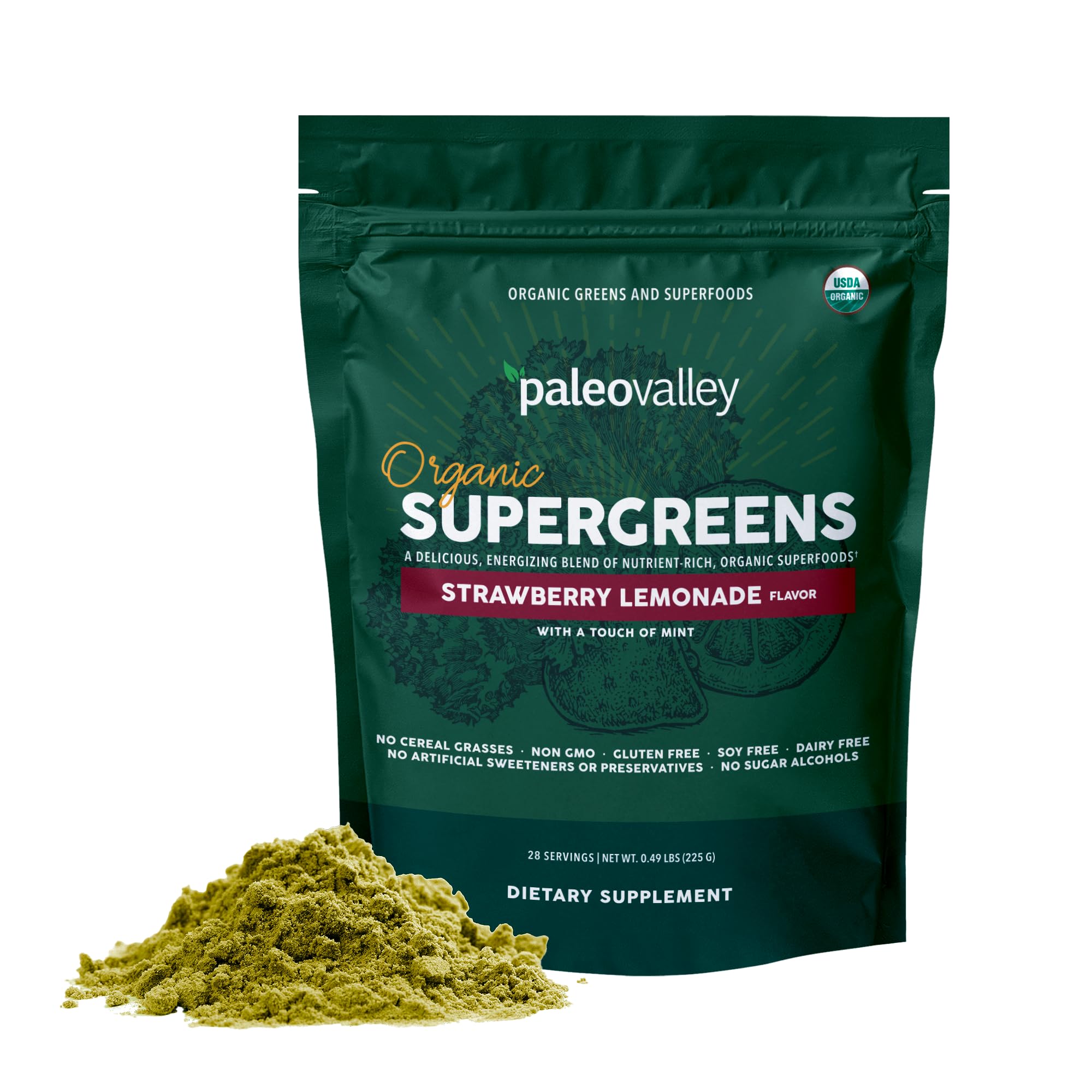Paleovalley Organic Supergreens - Organic Greens Powder Superfood for Immune Support - Paleo Green Powder Blend - 28 Servings - 23 Superfoods - Gluten Free, No Cereal Grasses, Soy or Grain PaleovalleyUS supplements