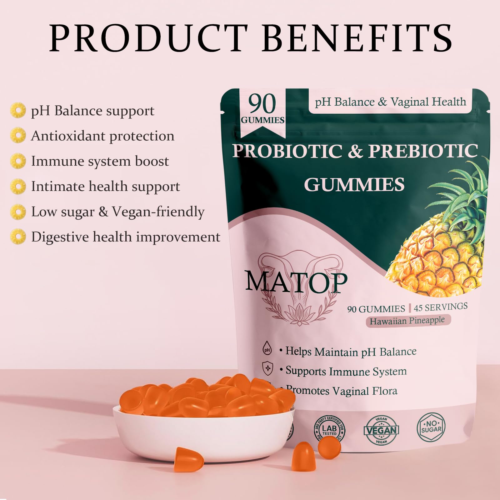 MATOP Probiotic Prebiotic pH Balance Gummies - Vaginal Health Gummies for Women Pro + Prebiotic with Pineapple Flavor, Vegan, Sugar-Free – 90 Gummies (45 Servings) MATOPAu supplements