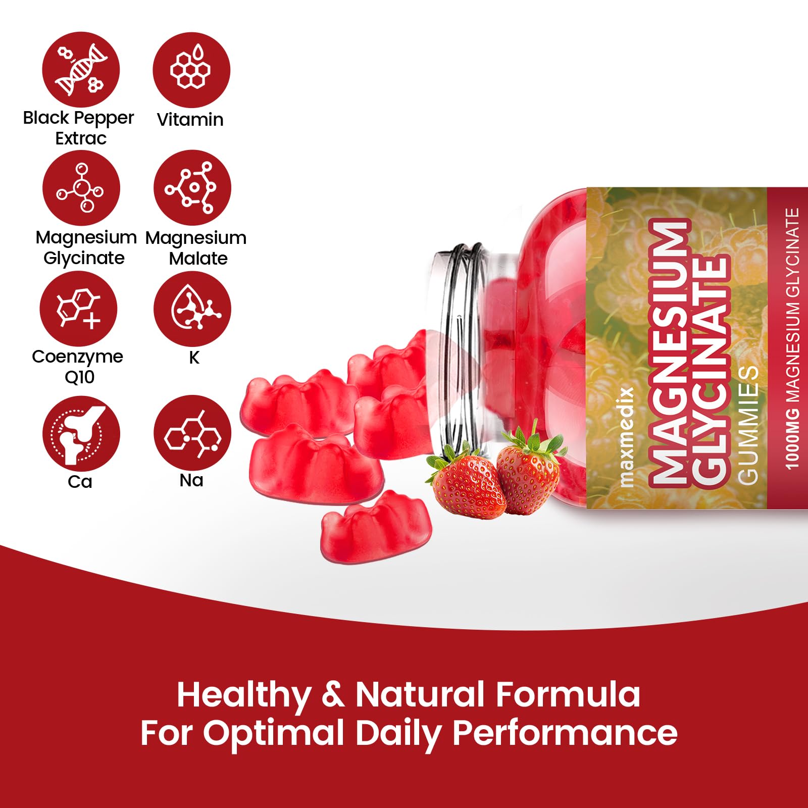 Magnesium Glycinate Gummies 1000mg, Sugar Free Magnesium Potassium Supplements Chewable for Adults with L-Threonate for Sleep, Body Support and Relaxation,90 Strawberry Gummies maxmedixAu supplements