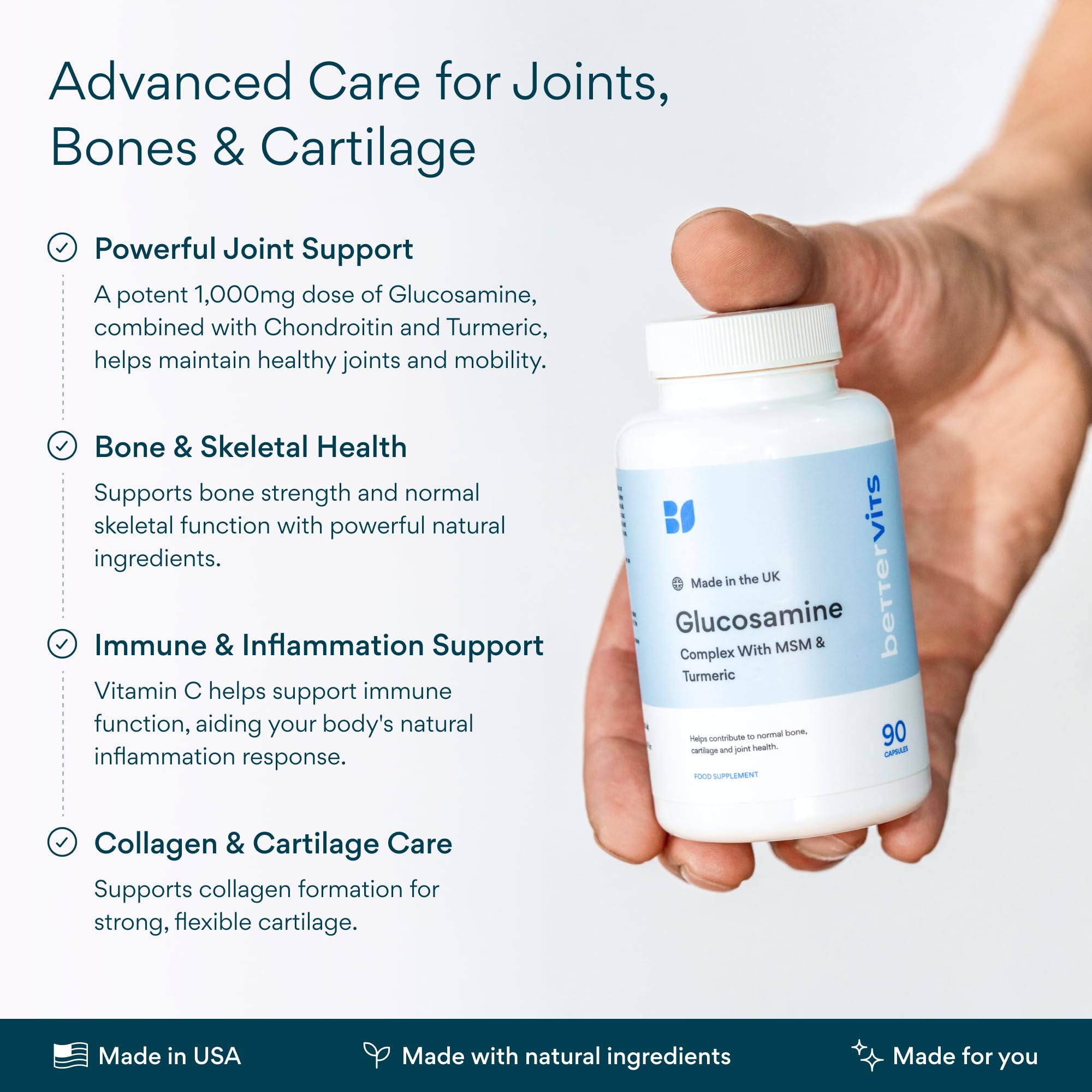 Bettervits Glucosamine Complex with MSM Сhondroitin | Joint Supplements for Women and Men with Vitamin C | Arthritis Support Supplement for Mobility & Flexibility - 90 Capsules BettervitsAu supplements