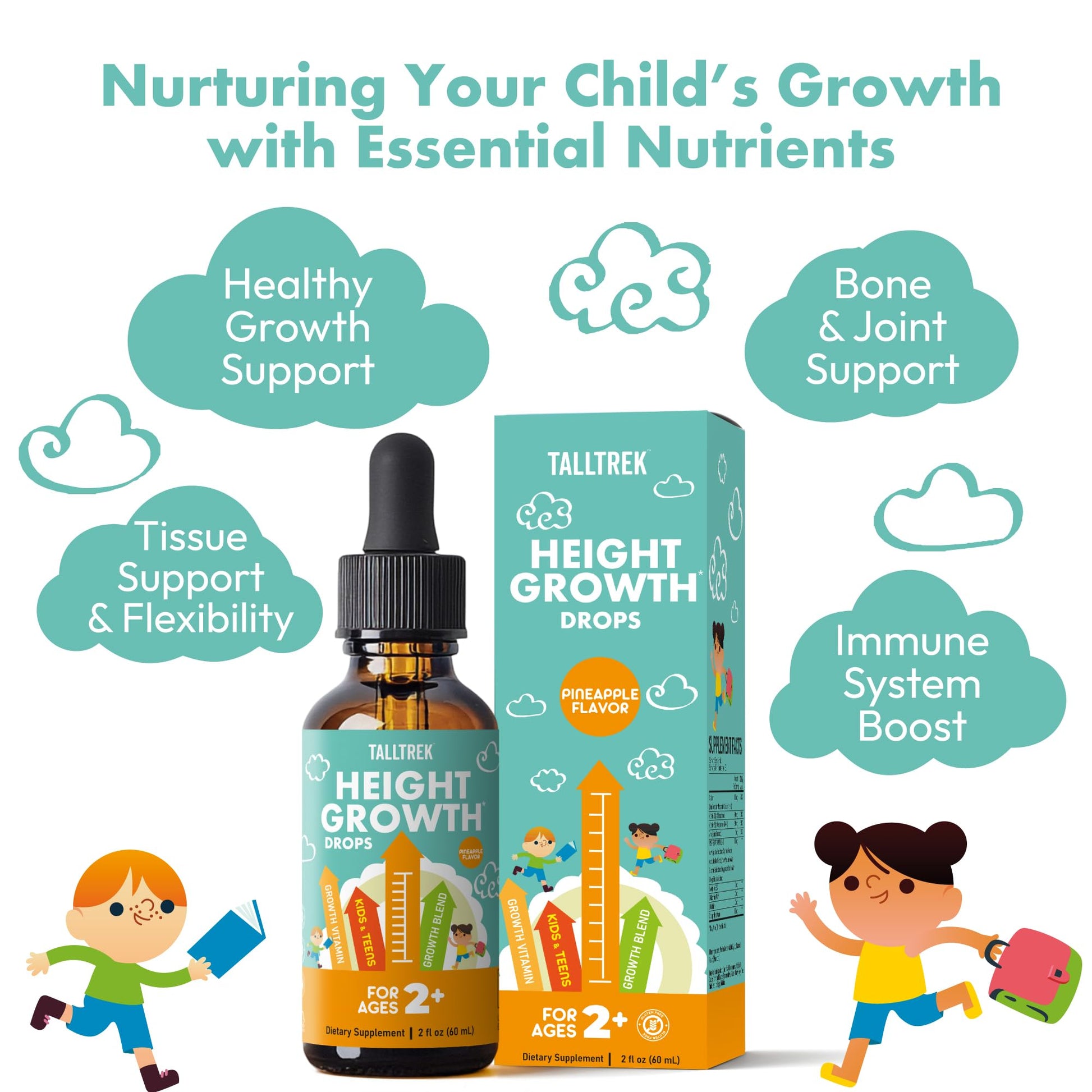 TallTrek Height Growth Supplement Drops for Kids - Teens Bone Growth Height Increase and Maximizer Immune Health Drops with Vitamins D3 K2 Zinc & Calcium - Gluten Free Vegan Pineapple Flavor TallTrekAu supplements