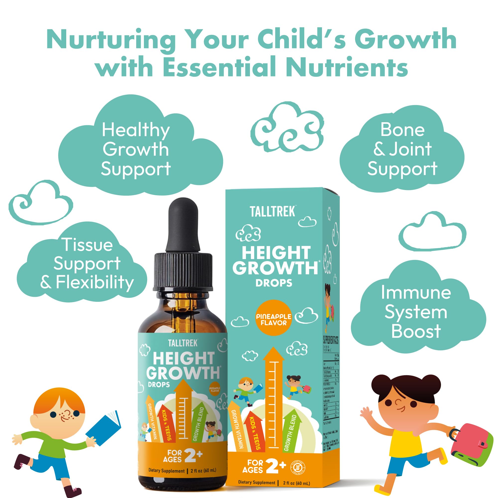 TallTrek Height Growth Supplement Drops for Kids - Teens Bone Growth Height Increase and Maximizer Immune Health Drops with Vitamins D3 K2 Zinc & Calcium - Gluten Free Vegan Pineapple Flavor TallTrekAu supplements