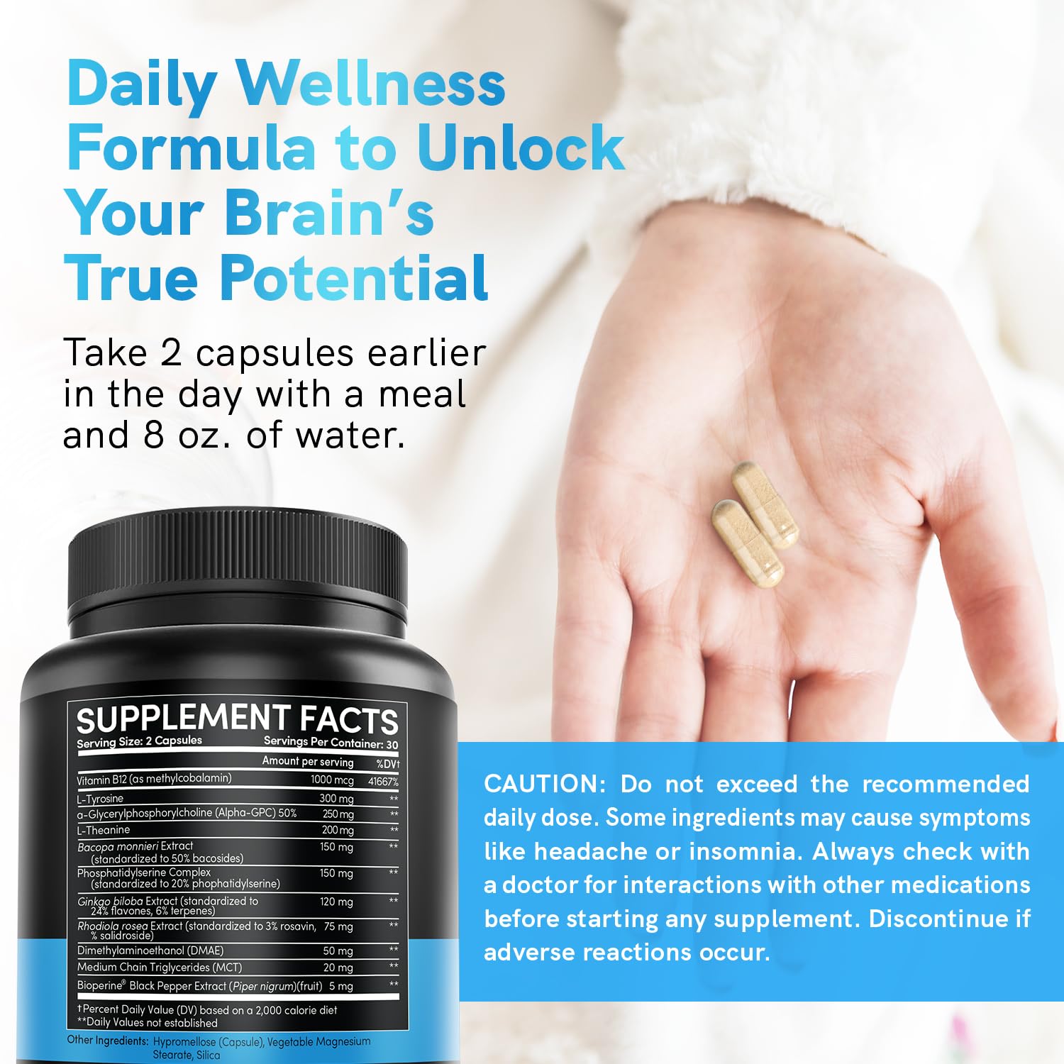 12-in-1 Nootropic Brain Supplement Anhydrous: Ginkgo Biloba for Brain Support, Memory and Focus - B12, Alpha GPC, L Theanine and Choline Supplements with Bioperine Non Caffeinated 1321mg (60ct) MEDCHOICEAu supplements