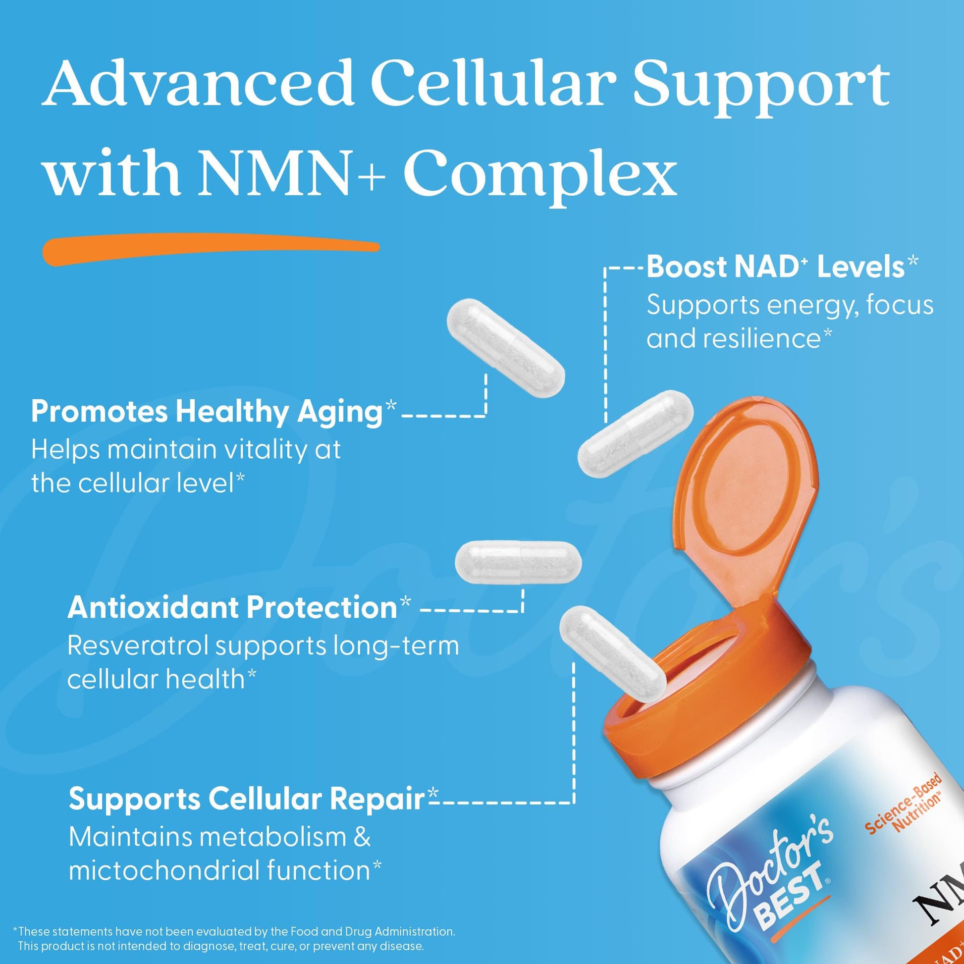 Doctor's Best NMN+ Complex Supplement Capsules for Women & Men - Supports NAD+ Production, Resveratrol 100mg & Beta Nicotinamide Mononucleotide 200mg per Capsule, Cellular Energy Support - 60 Veg Caps Doctor's BESTAu supplements