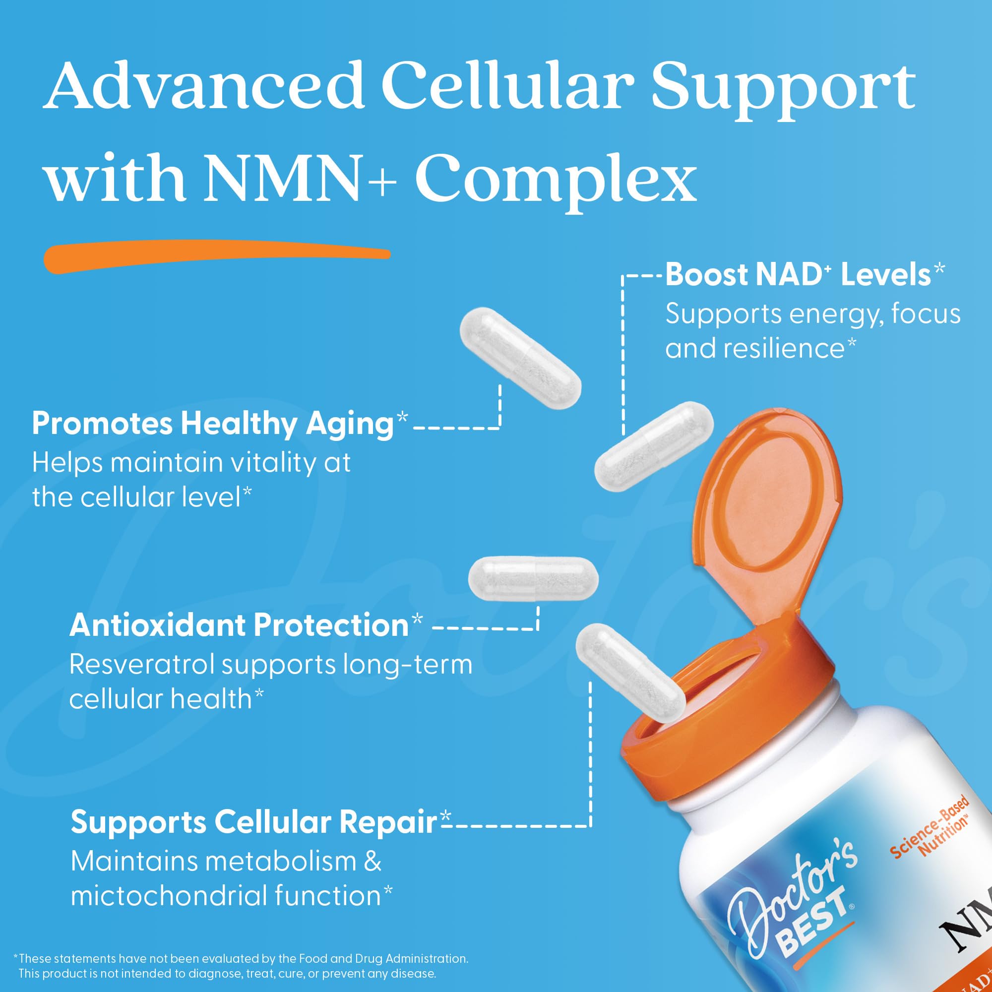 Doctor's Best NMN+ Complex Supplement Capsules for Women & Men - Supports NAD+ Production, Resveratrol 100mg & Beta Nicotinamide Mononucleotide 200mg per Capsule, Cellular Energy Support - 60 Veg Caps Doctor's BESTAu supplements