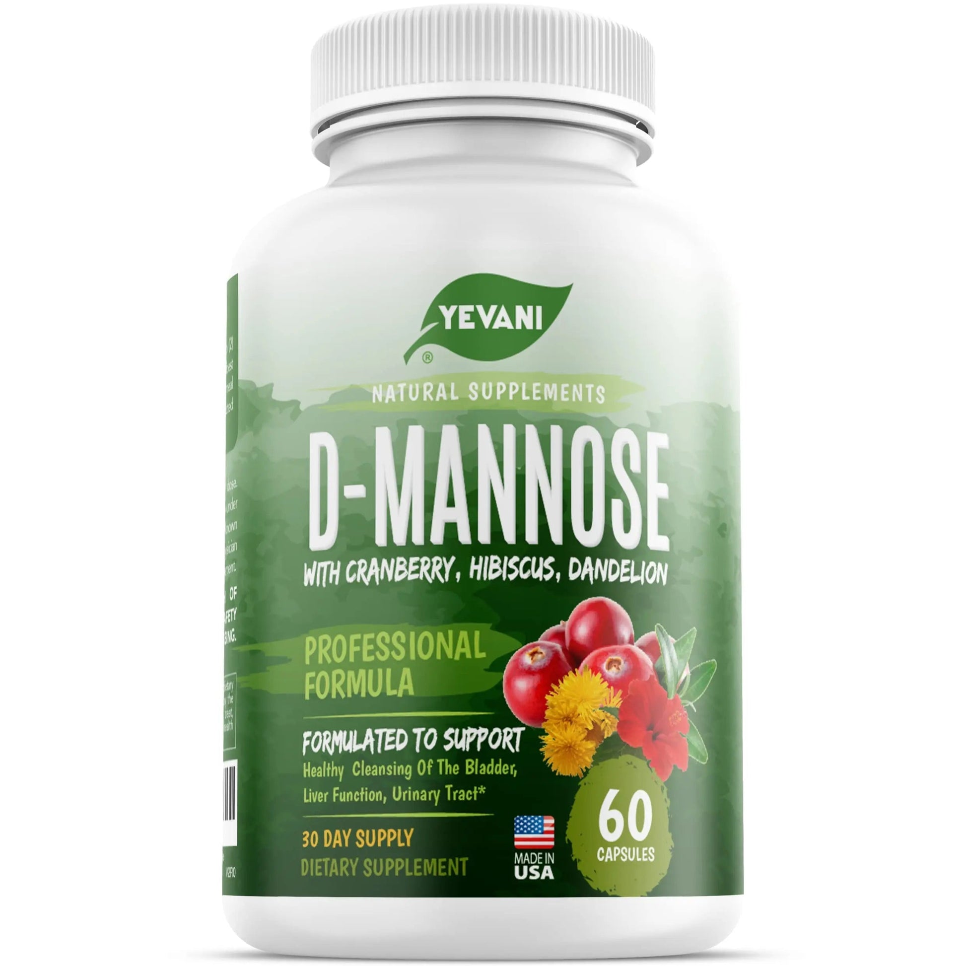 YEVANI 100% Pure D-Mannose Capsules 1000 mg with Cranberry, Hibiscus, and Dandelion Extract, Fast Acting Professional UTI Prevention Formula for Urinary Tract Health and Bladder Support YEVANIAu supplements