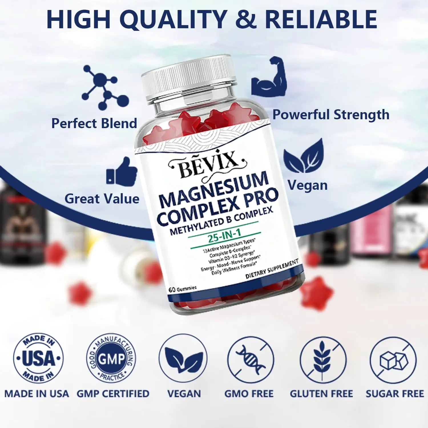 BEVIX Magnesium Complex Gummies with Methylated B Complex Magnesium Glycinate Citrate Malate Taurate Gluconate Aspartate Carbonate D3 K2, Magnesium for Relaxation Energy & Nerve, 60 Gummies BEVIXnz supplements