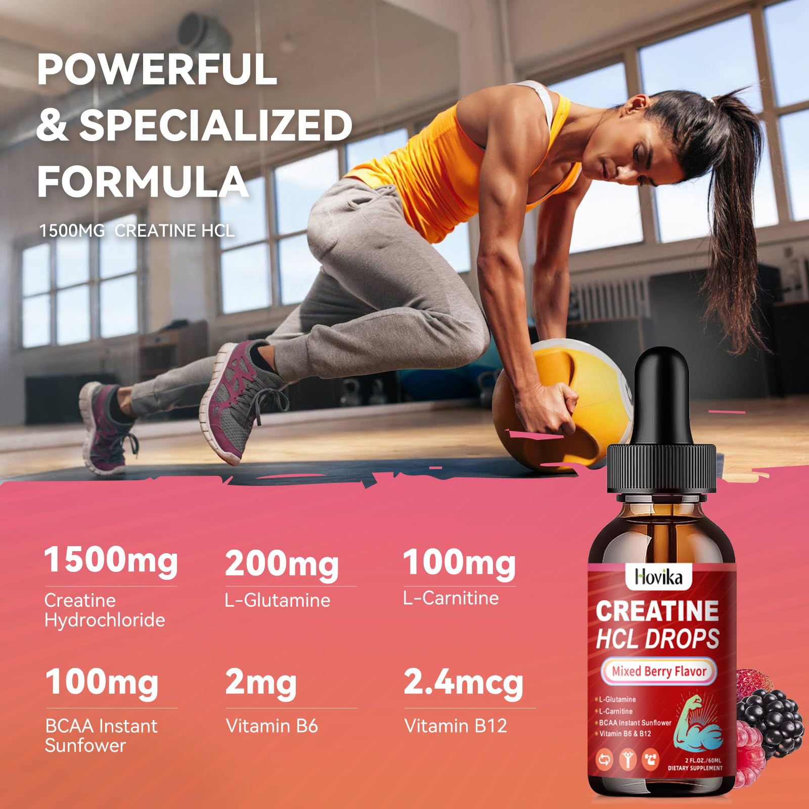 Creatine HCL Liquid Drops for Men & Women, Creatine Hydrochloride with L-Carnitine, L-Glutamine, BCAA, Vitamin B12 & B6 for Muscle Growth & Recovery-Vegan, Mixed Berry Flavor Flavor, 2 Fl Oz HovikaAu supplements