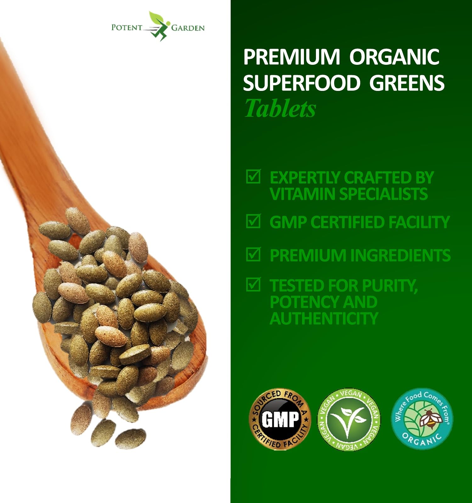 Potent Garden Organic Superfood Greens, Fruit and Veggies Supplement Rich in Vitamins & Antioxidants with Alfalfa, Beet Root & Tart Cherry to Boost Energy, Immunity & Gut Health, Greens Tablets 60 Ct Potent GardenAu supplements