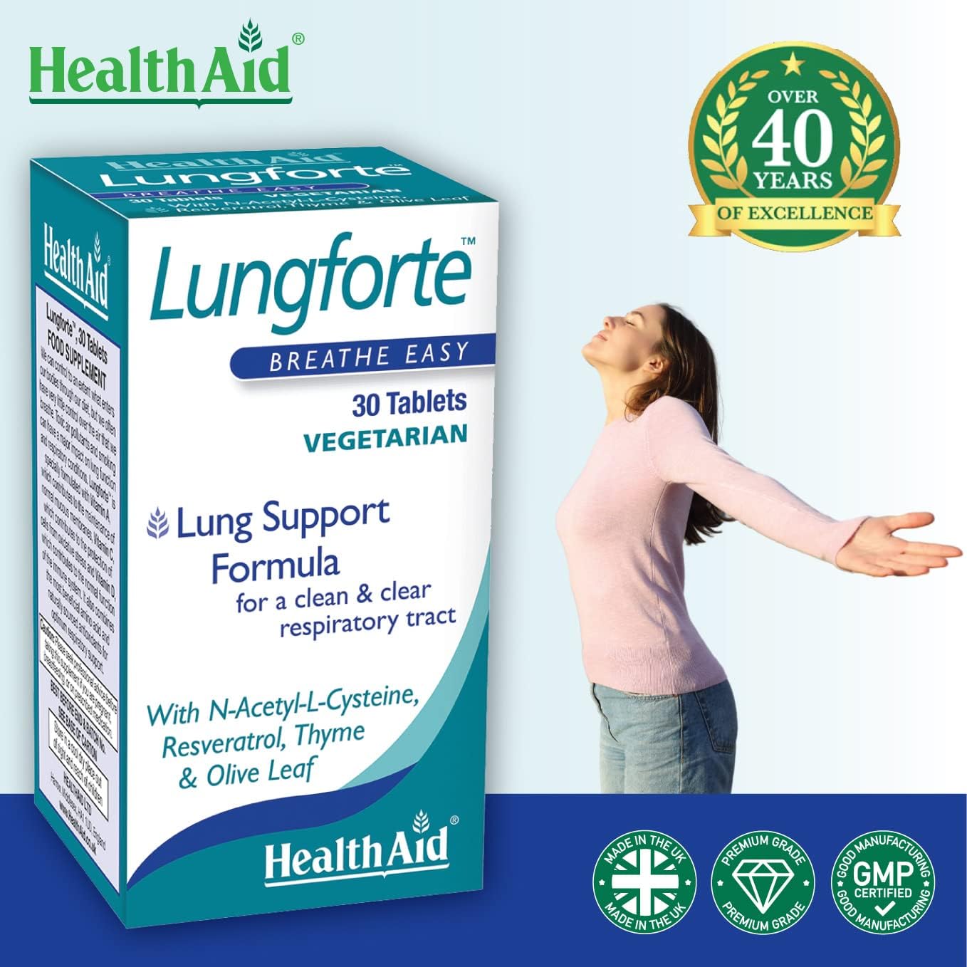HealthAid LungForte 30 Tablets – Daily Antioxidant Lung Support with NAC, Resveratrol, Olive Leaf, Thyme & Vitamins A, C & D3 – Vegetarian, Non‑GMO HealthAidAu supplements