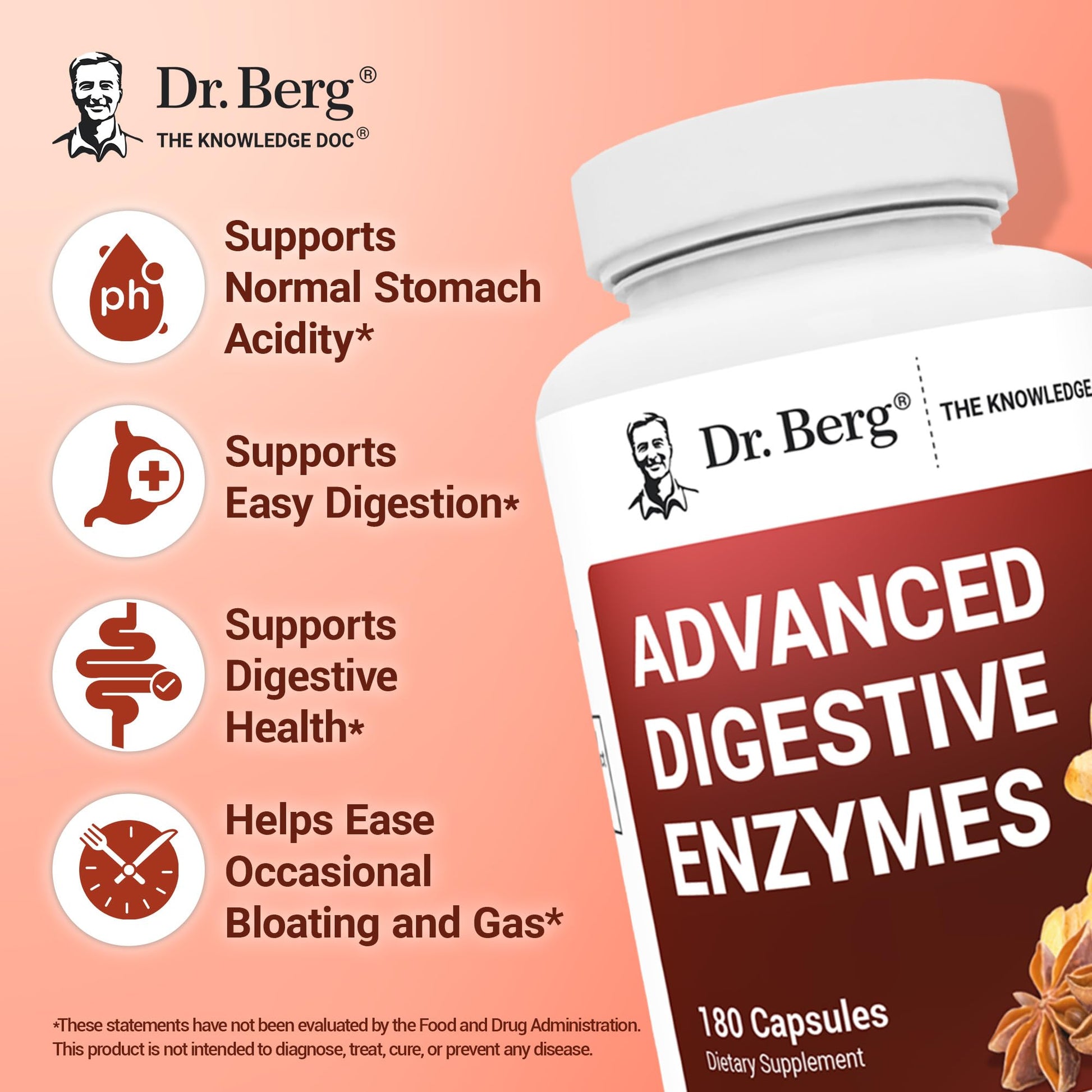Dr. Berg Advanced Digestive Enzymes with Apple Cider Vinegar - Includes Digestive Health Ingredients Like Betaine Hydrochloride (HCI), Ginger Root & Peppermint Leaf - 180 Capsules Dr. Berg NutritionalsAu supplements