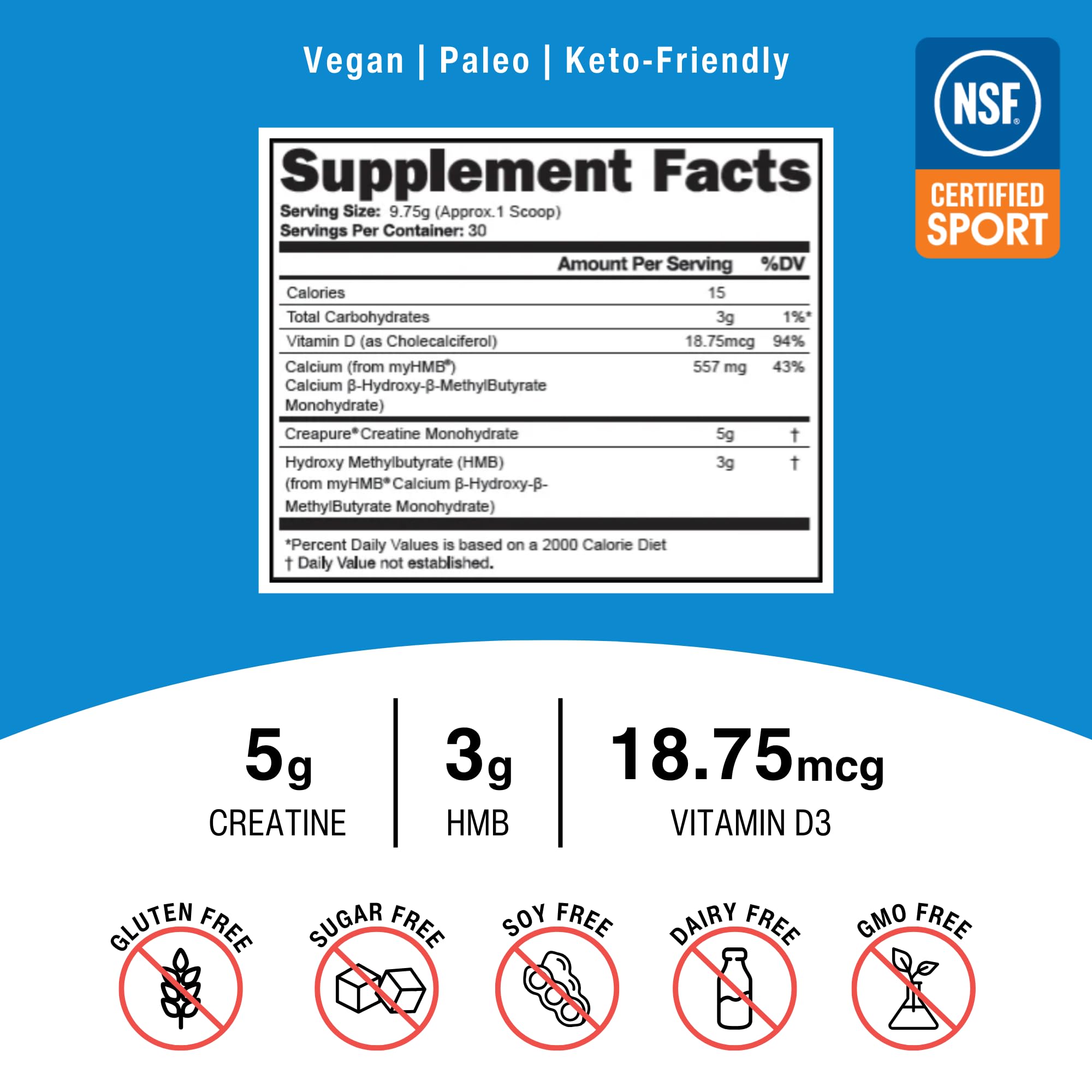 OptimalStack Creatine Monohydrate, HMB, & Vitamin D3 Stack | with Creapure Creatine, Clinical Dosage of myHMB, and Vitamin D3 | NSF for Sport Certified | Unflavored, 30 Servings OptimalAminoAu supplements