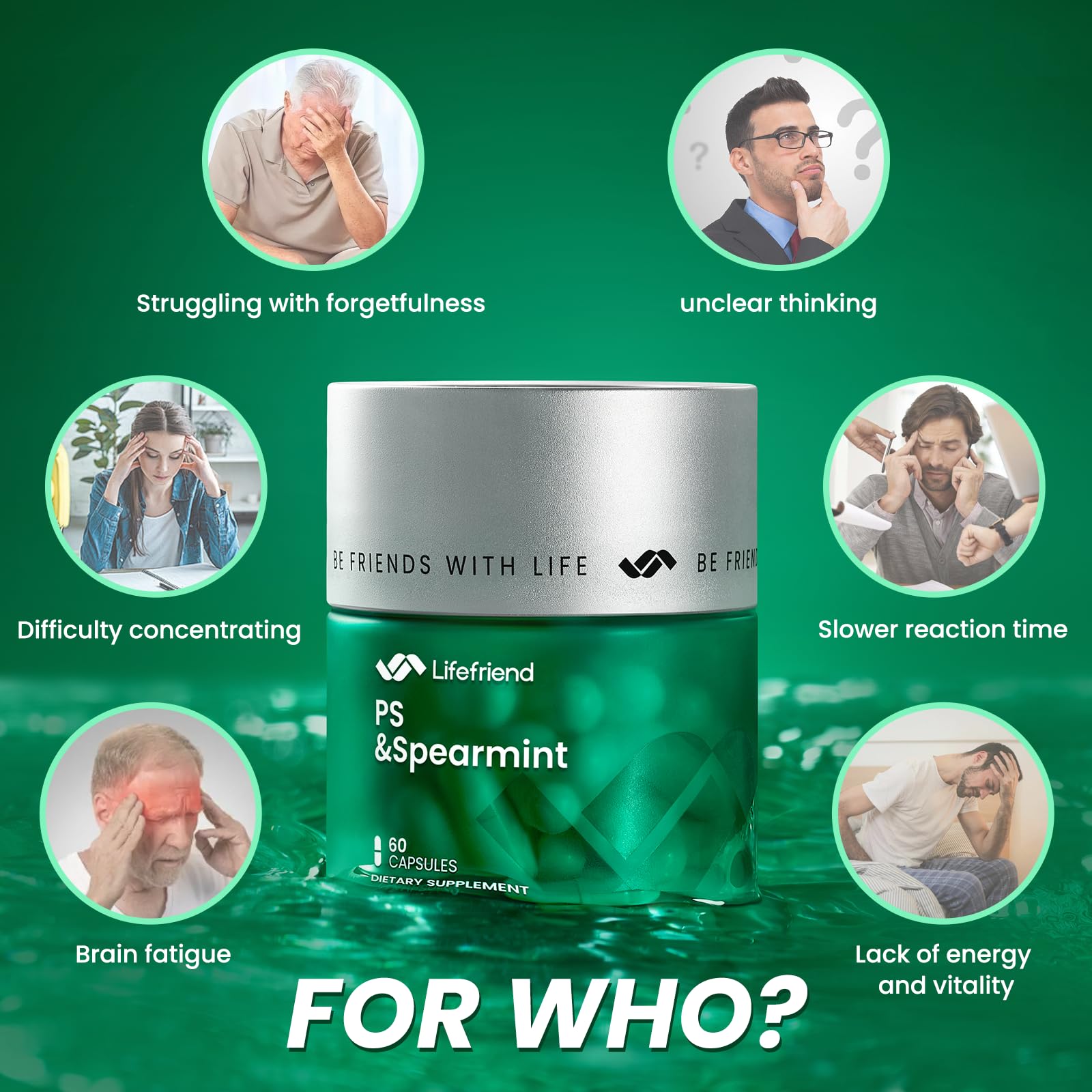 PhosphatidylSerine Memory & Focus Supplement with DHA, Spearmint, Magnesium & Ashwagandha – Brain Clarity, Stress Relief & Cognitive Support – Gluten-Free Vegan, 60 Capsules LIFEFRIENDAu supplements