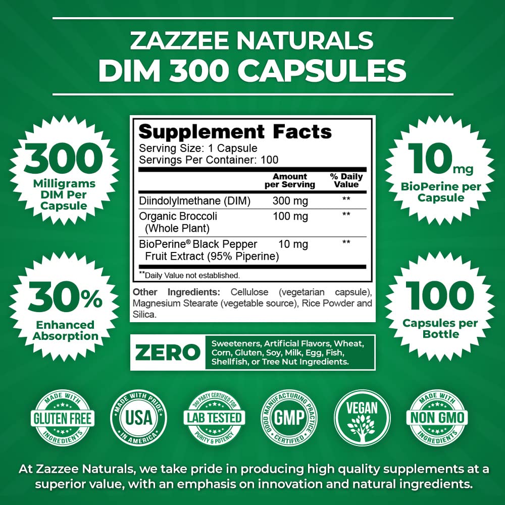 Zazzee Extra Strength DIM 300, 10 mg BioPerine and 300 mg DIM per Capsule, 100 Vegan ZazzeeUS supplements
