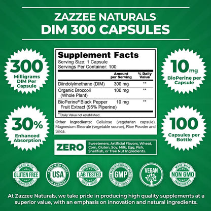 Zazzee Extra Strength DIM 300, 10 mg BioPerine and 300 mg DIM per Capsule, 100 Vegan ZazzeeUS supplements