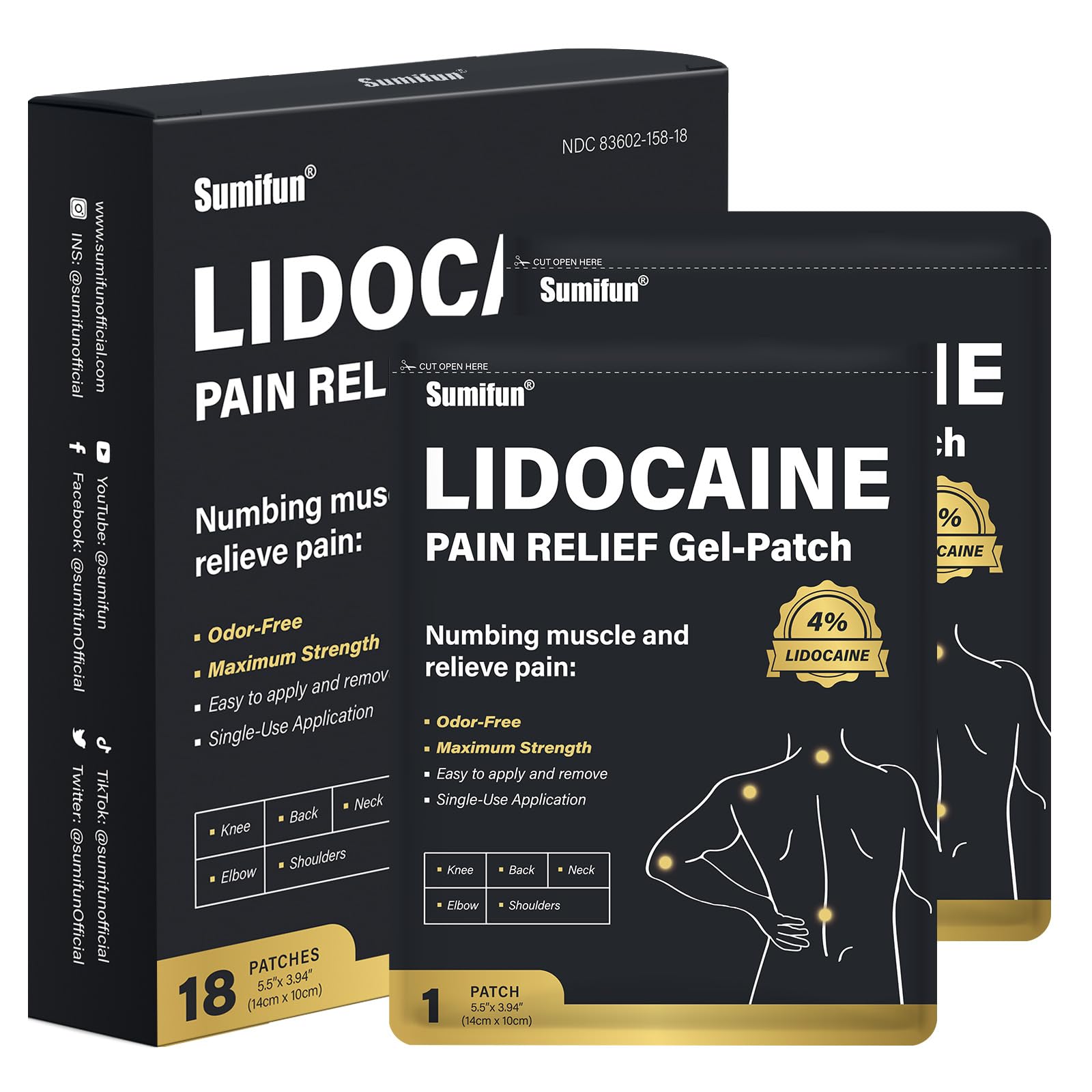 Sumifun 4% Lidocaine Patches, Long Lasting Plaster Patch for Knee, Shoulder, Muscle, Joints with Natural Ingredients, Extended Patch with Lidocaine (Large, Count, 18) SumifunAu supplements