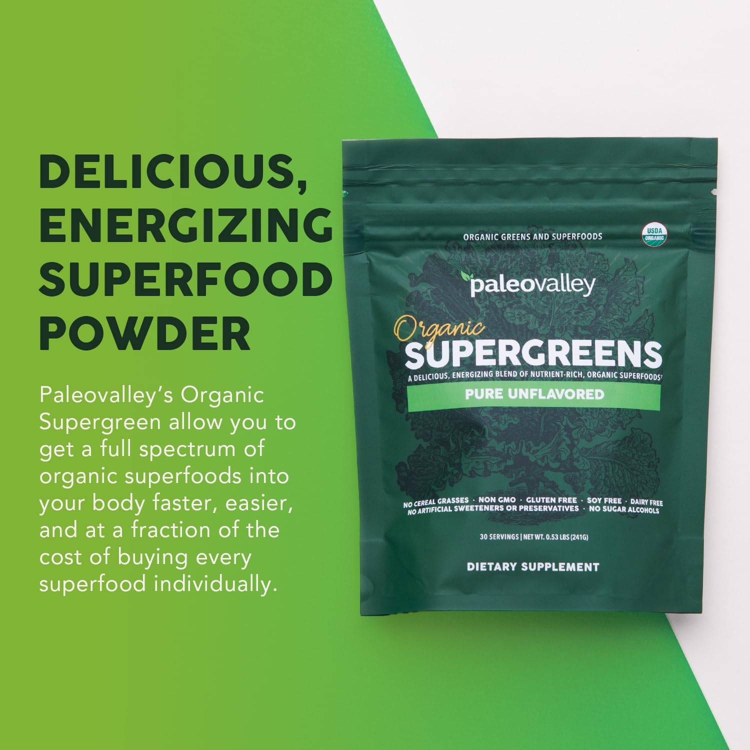 Paleovalley Organic Supergreens Powder - 23 Superfoods with Prebiotic Fiber for Energy and Immunity Support - No Cereal Grasses for Maximum Absorption - Pure Unflavored, 30 Servings PaleovalleyAu supplements
