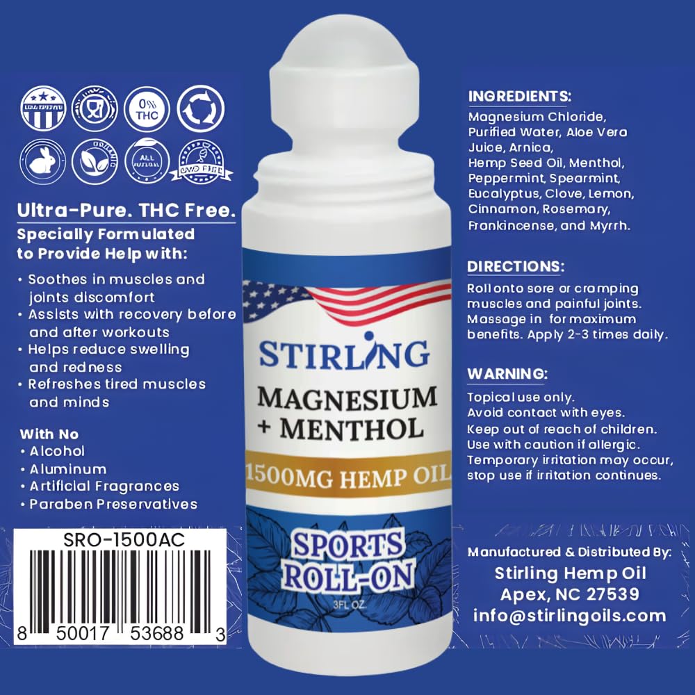 Stirling Menthol Roll On Lotion with Magnesium and 1500mg Pure Hemp - Non-GMO, THC-Free - Fast-Acting Relief for Sore Muscles and Joints, Reduces Swelling and Redness, Promotes Post-Workout Recovery STIRLINGAu supplements