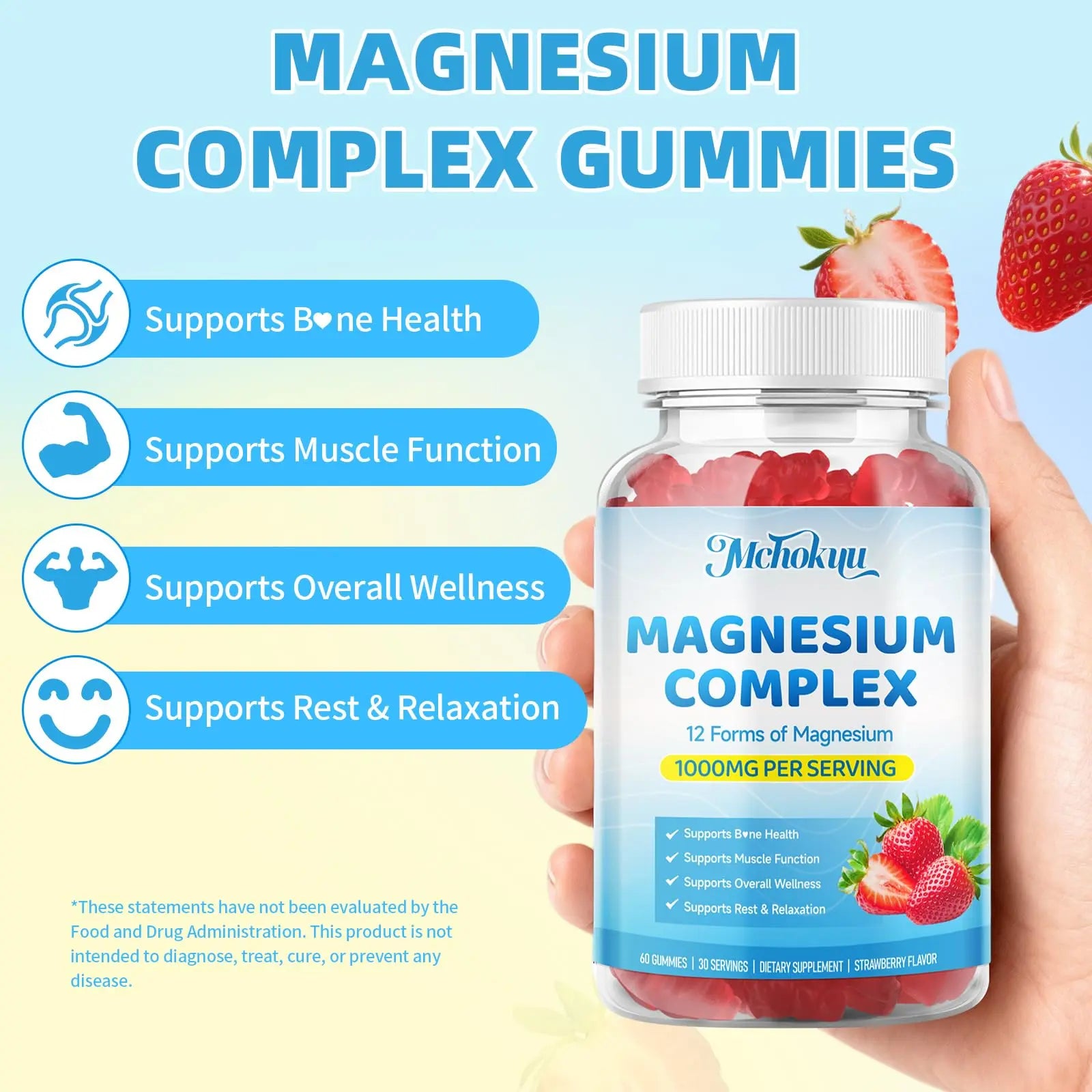 Magnesium Complex Gummies 1000mg | 12-in-1 Magnesium Complex Supplement with Glycinate, Citrate, Malate & Taurate Supports Muscle Function, Bone Health, Rest & Relaxation – Strawberry Flavor, 60 Count Mchokuunz supplements