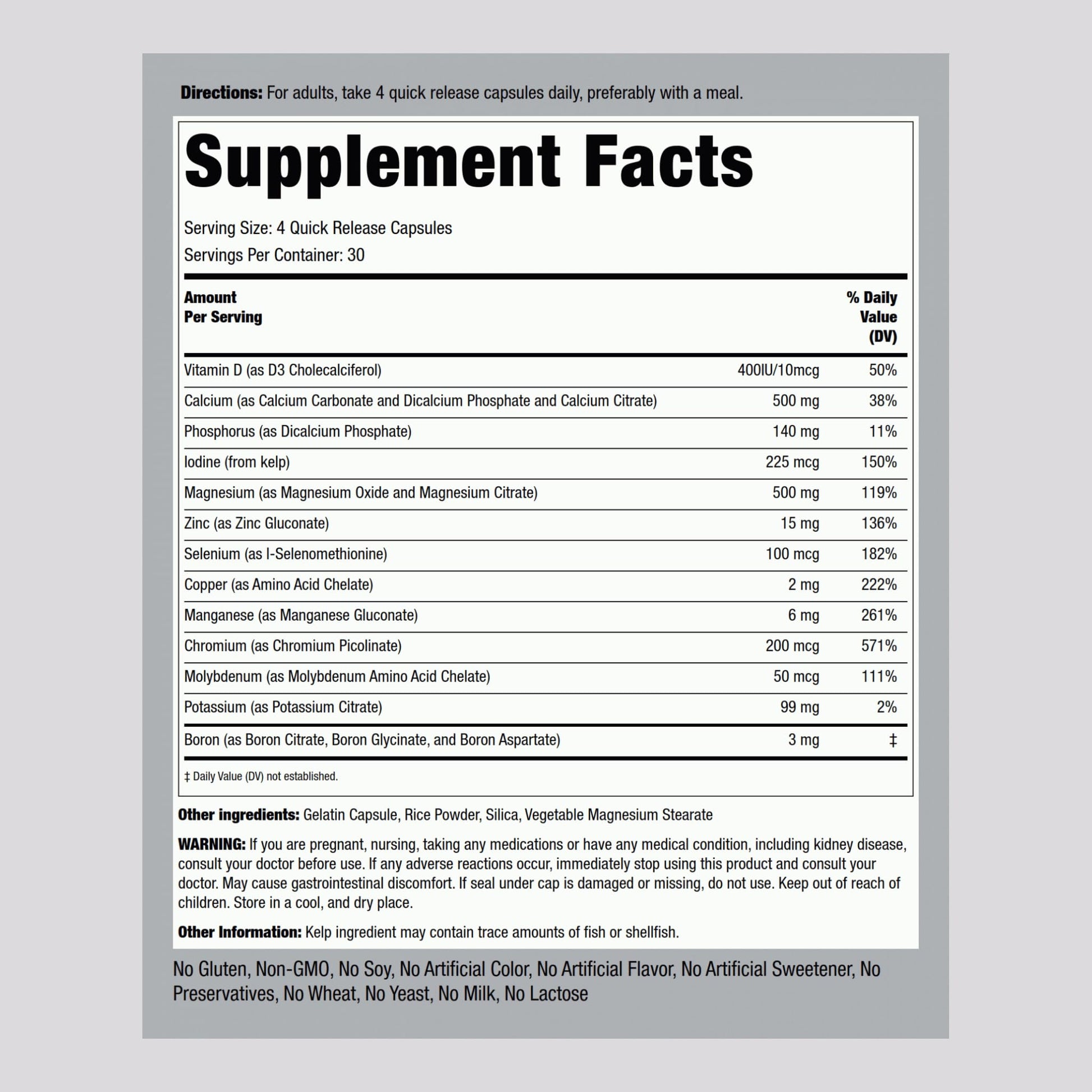 Piping Rock Mega Multi Mineral Chelated Supplement | 120 Capsules | for Men and Women | Iron Free | Non-GMO, Gluten Free Piping RockAu supplements