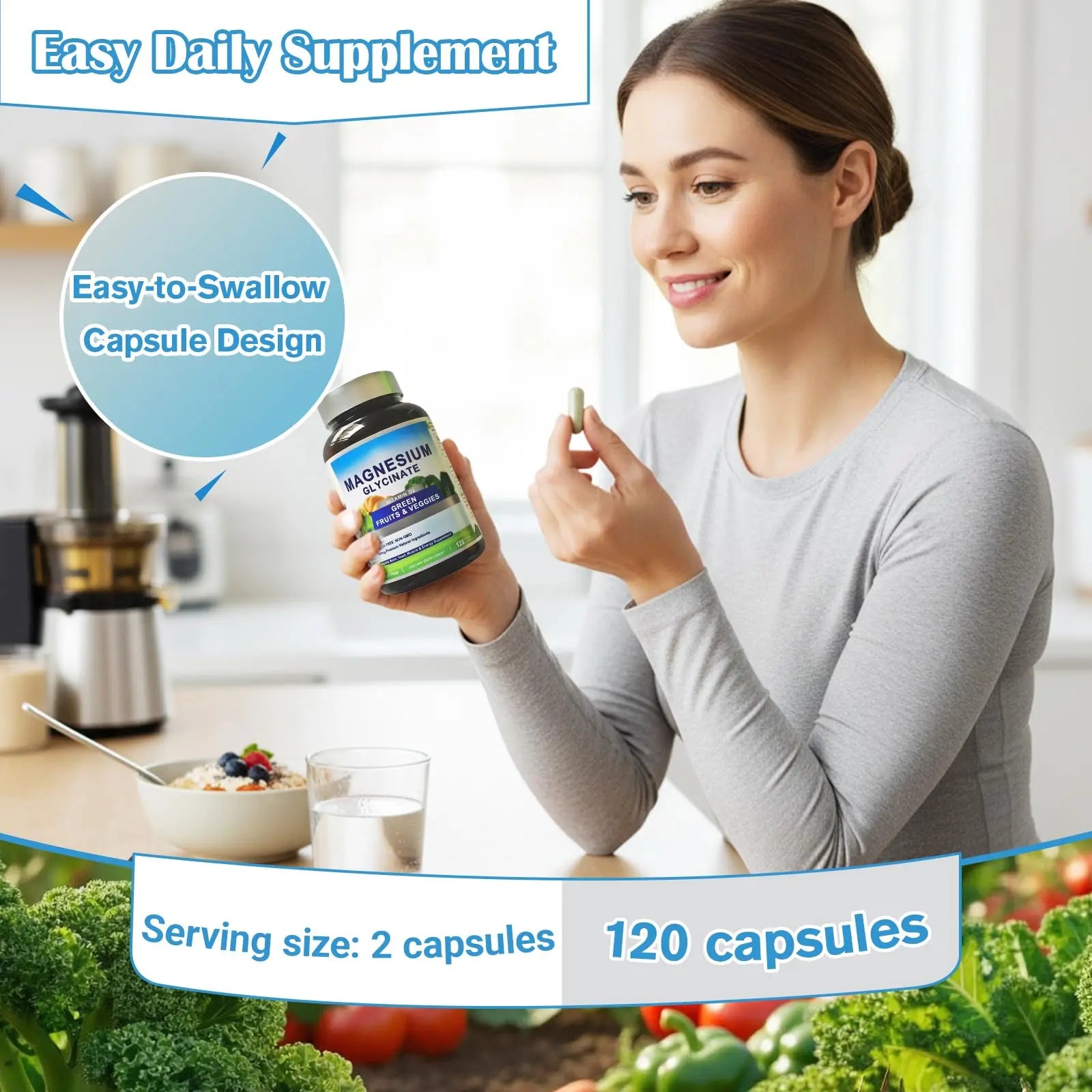 Magnesium Glycinate 500mg with Vitamin D3 – High Absorption Magnesium Supplement with Veggies Design – Supports Bone & Muscle Function and Energy – Non-GMO, Gluten-Free – 120 Veg Capsules FrexNutrinz supplements