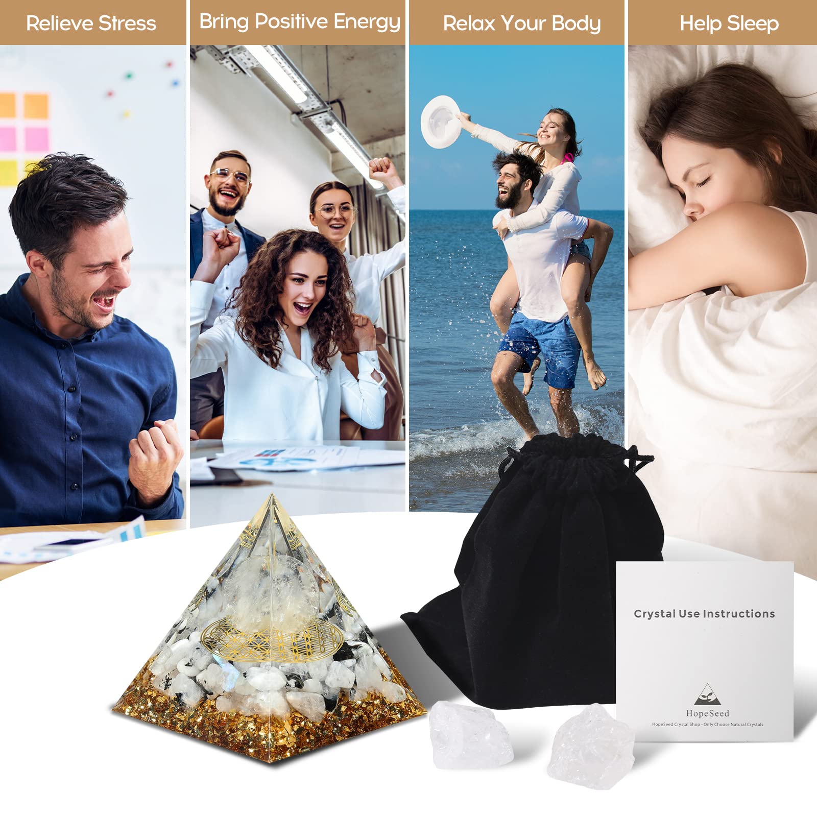 Hopeseed Orgone Pyramid for Positive Energy, Orgonite Rainbow Moonstone&White Crystal HopeseedAu supplements