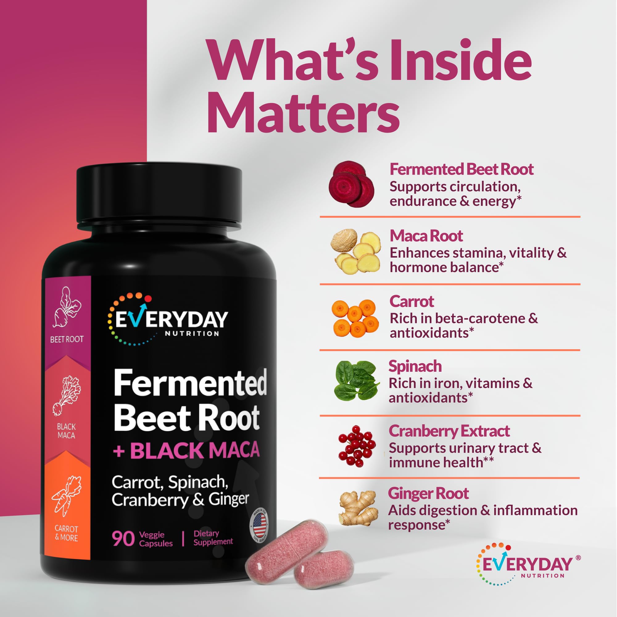 EVERYDAY NUTRITION Organic Fermented Beet Root & Black Maca Capsules with Carrot, Spinach, Cranberry & Ginger | Superfood for Energy, Stamina & Wellness | 90 Veggie Capsules | Made in USA EVERYDAY NUTRITIONAu supplements