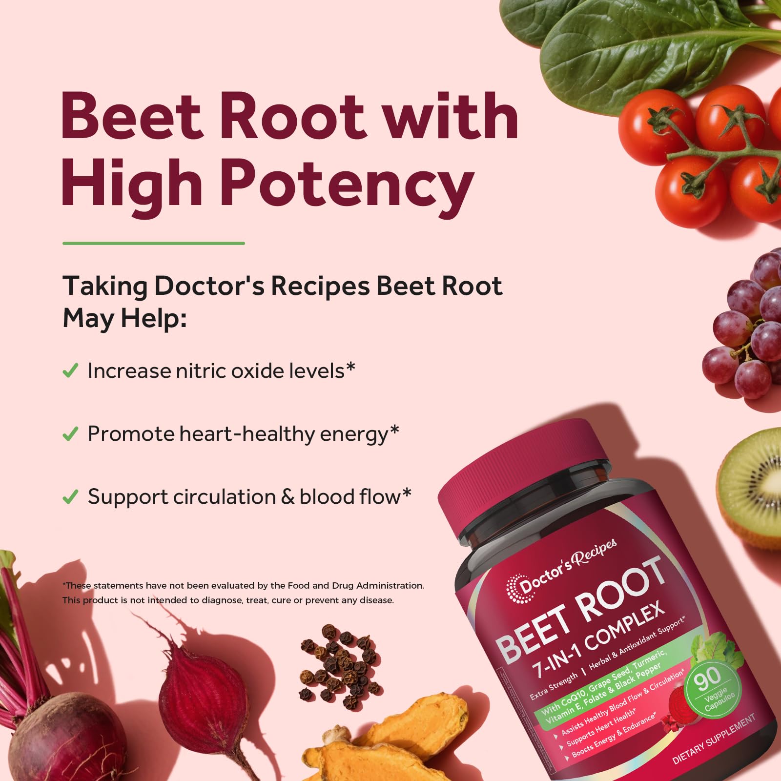 Doctor's Recipes Beet Root Capsules, 20:1 Extract with Grape Seed, CoQ10, Turmeric, Black Pepper for Enhanced Absorption, Supports Heart, Circulation, Energy & Nitric Oxide, Non-GMO, 90 Veg Caps Doctor's RecipesAu supplements