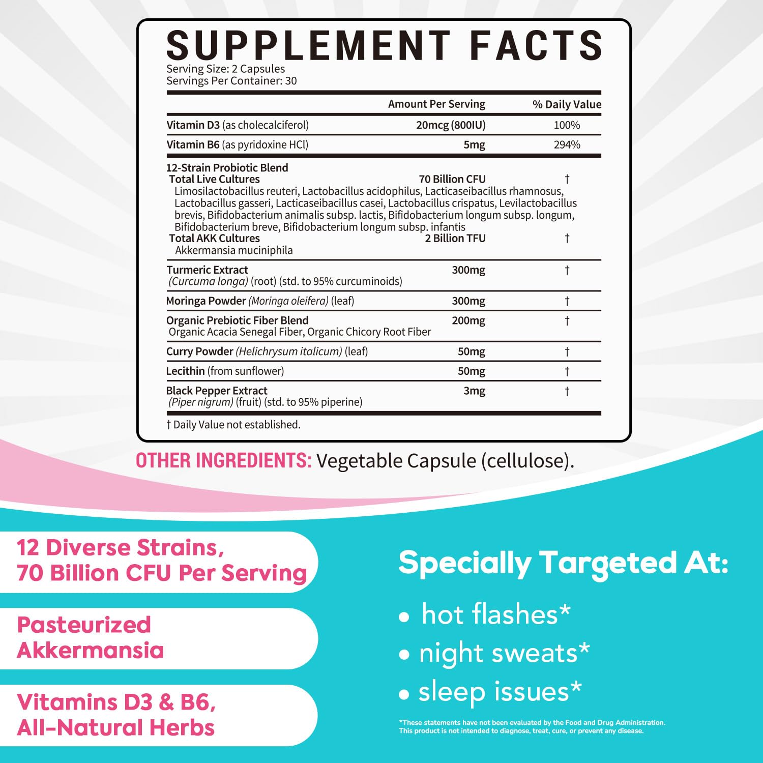 Surebounty Menopause Probiotic Supplement for Women, 70 Billion CFU, with Akkermansia Muciniphila, Vitamins B6 & D3, Botanicals, for Hormone Balance, Hot Flashes, Night Sweats, Gut Health, 60 Capsules SurebountyAu supplements