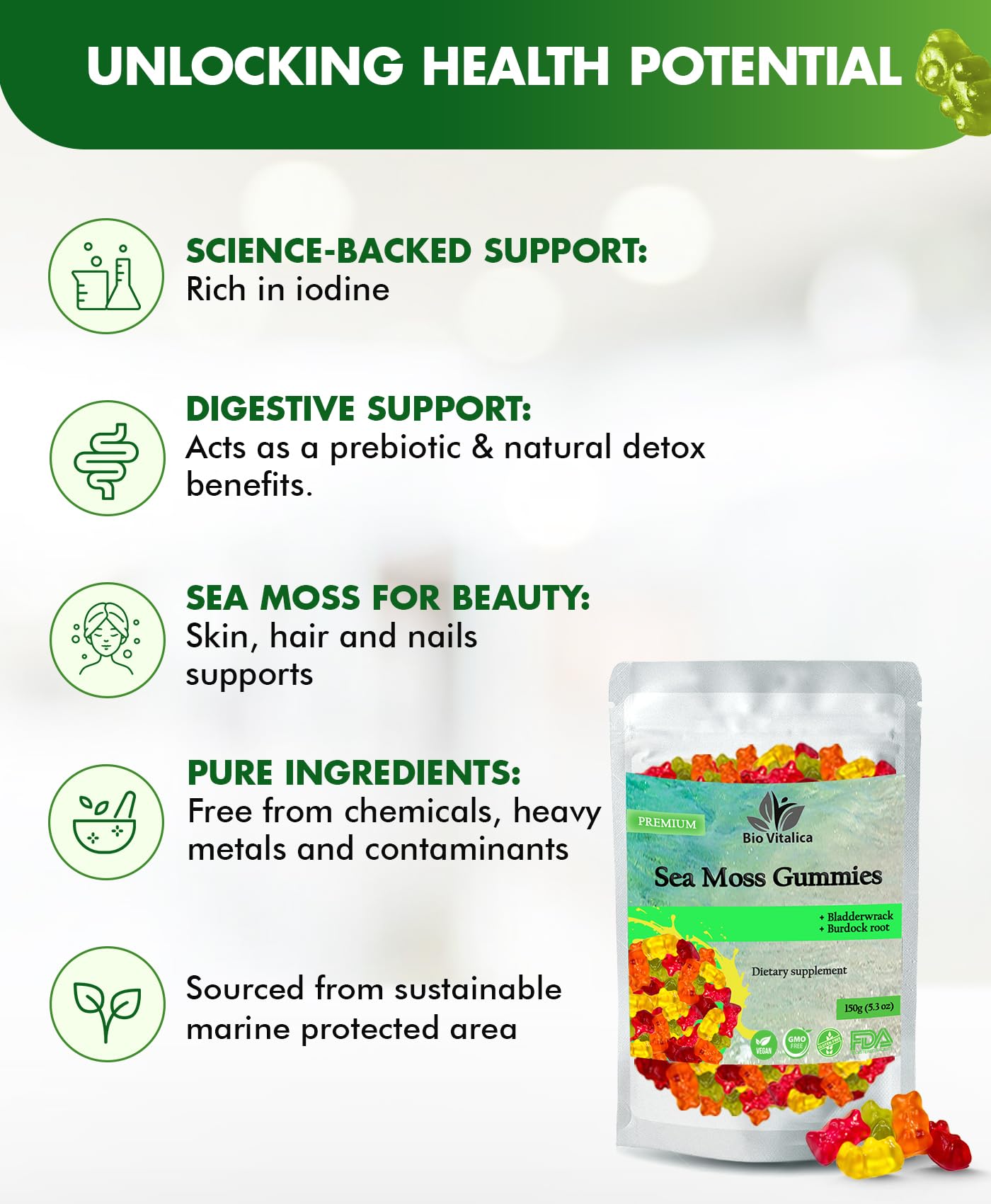 BIO VITALICA Sea Moss Gummies – with Bladderwrack & Burdock Root – Wildcrafted Gel + Powder – Vegan, Keto, Non-GMO, Gluten-Free – Fruity Mineral-Rich Gummies – 50 Count (3 Pack) BIO VITALICAAu supplements