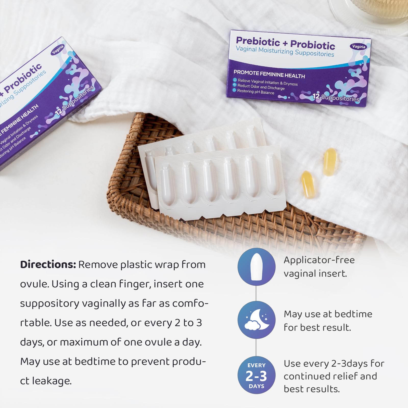 Vaginal Probiotic Suppositories, Prebiotic Infused with Hyaluronic Acid, Tea Tree, and Vitamin C&E VagiriaAu supplements