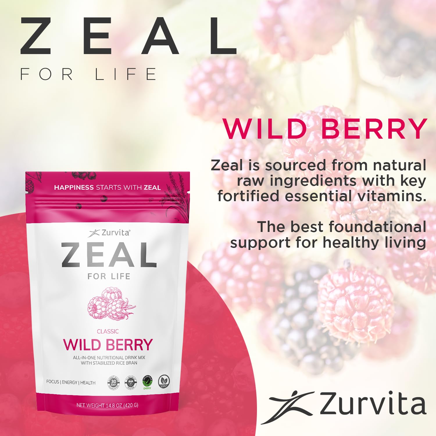 Zurvita - Zeal for Life 30-Day Wellness Bag - Wild Berry (Classic) - Nutritional Supplement for Vitality, Immunity, and Wellness - 420 Grams ZurvitaAu supplements