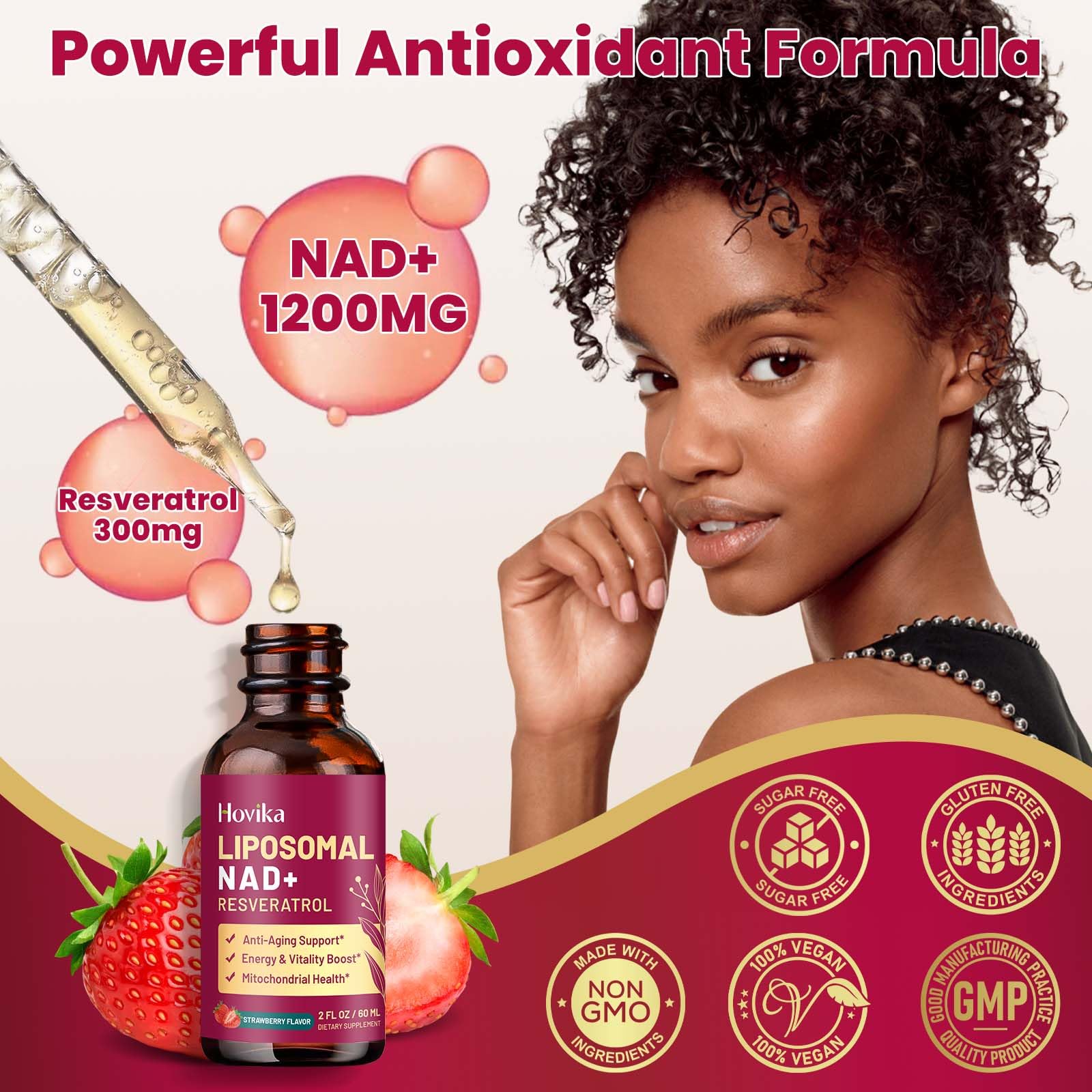 Liposomal NAD Supplement - 1200mg NAD+ Liquid Drops for Women & Men with Resveratrol, Black Pepper Extract - Support Anti-Aging, Brain & Cellular Mitochondrial Health - 2 Fl Oz, Strawberry Flavor HovikaAu supplements