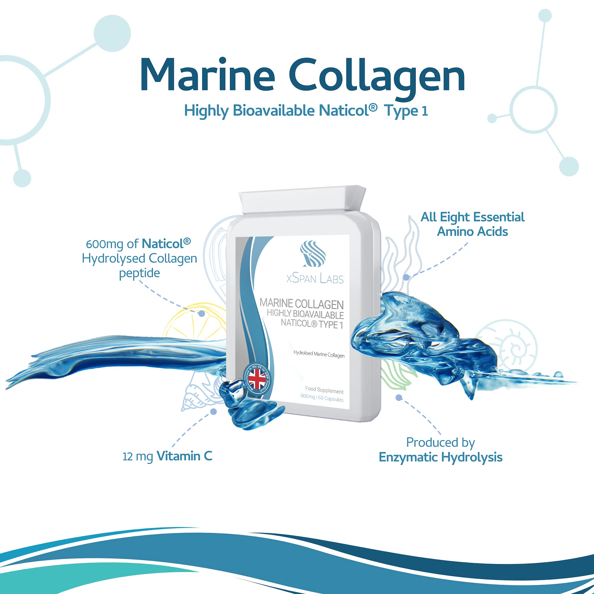 Marine Collagen 600mg 60 Capsules - Highly Bioavailable Naticol® Type 1 Xspan LabsAu supplements