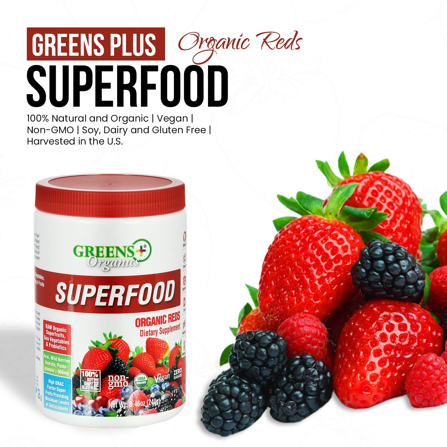 Greens+ Organic Reds Superfood Powder Camu Camu Dietary 400mg Vitamin C SuperFruit Supplement 120 Capsules, 100% Natural, Vitamins & Minerals, Vegan, Soy/Dairy/Gluten Free Greens+Au supplements