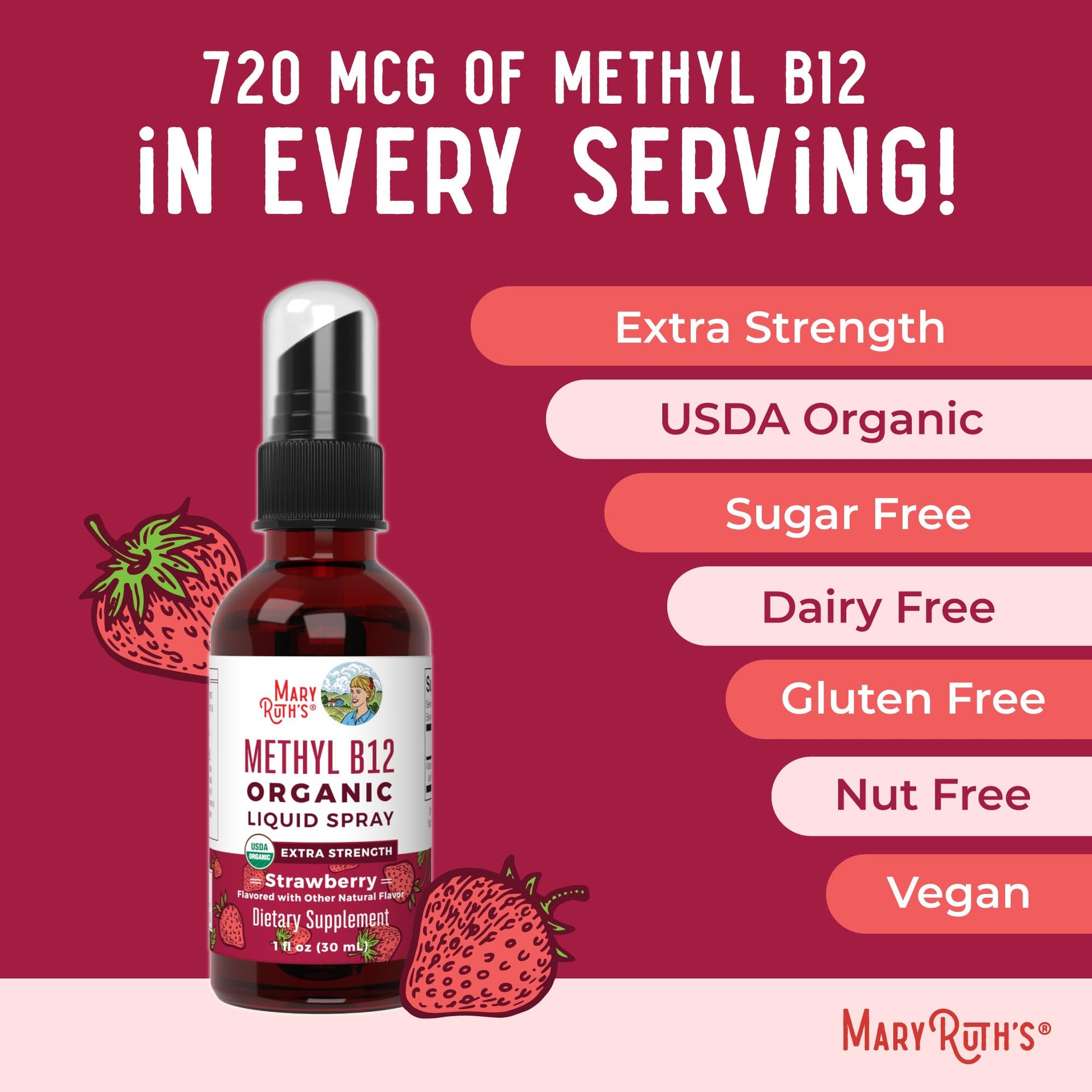 MaryRuth Organics Vitamin B12 Liquid Spray | Vegan, Non-GMO, Gluten-Free | USDA Organic Supplement | Energy & Nervous System Support | B12 Vitamins for Women & Men | 720 mcg | 1 Fl Oz MARYRUTH'SUS supplements