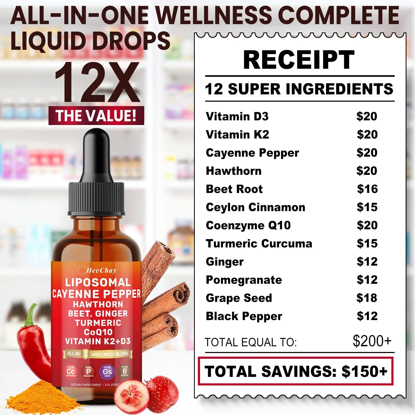 Cayenne Pepper Drops Liposomal Supplement Liquid + Hawthorn Berry, Vitamin D3 K2 Beet Root Powder, Ceylon Cinnamon, CoQ10, Turmeric Curcumin, Cayenne Pepper Extract - 2oz HevChaynz supplements